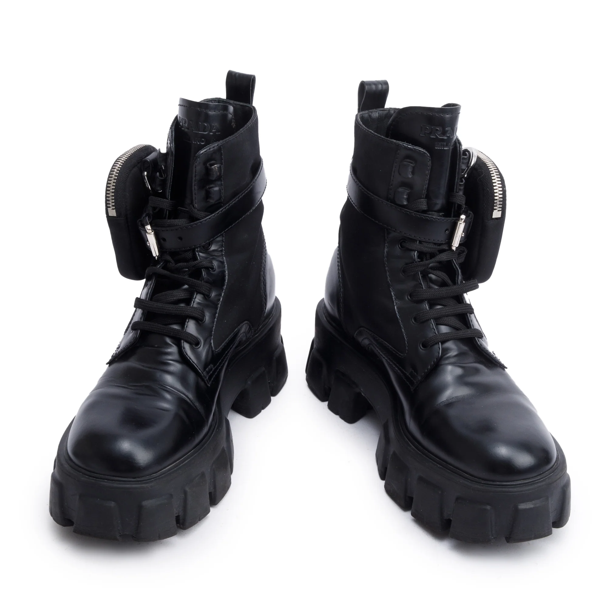 Prada Black Monolith Leather and Re-Nylon Boots with Pouch, Size 38.5 - Image 3