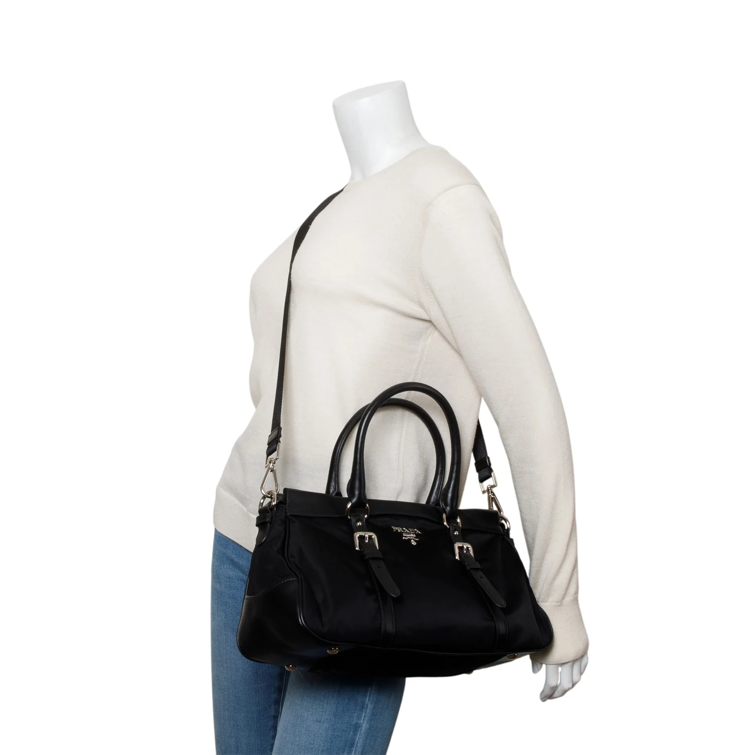 Prada Black Nylon Tessuto Solf Calf Tote w/ Strap - Image 7