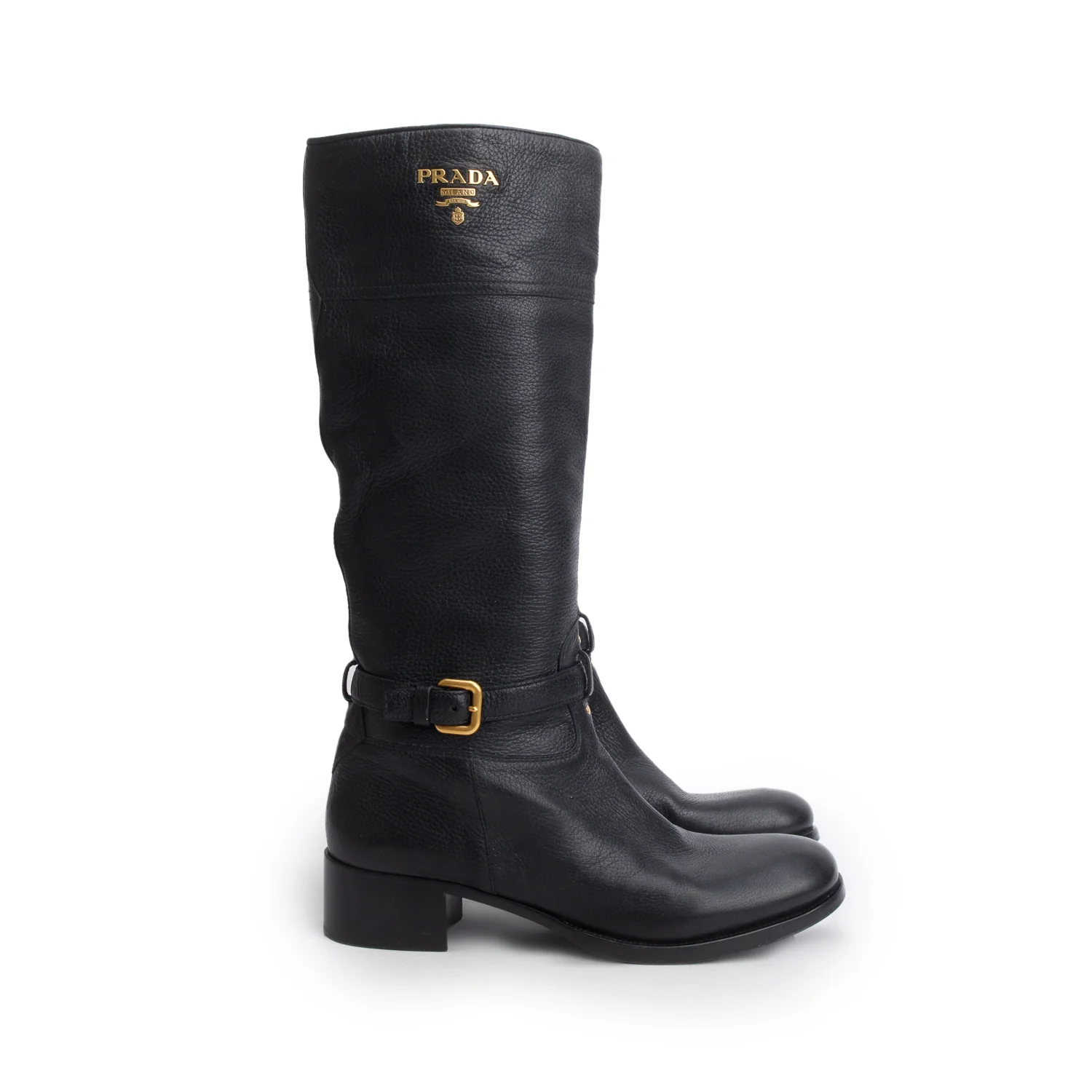 Prada Black Pebbled Leather Riding Boots, Women's Size 42 - Image 2
