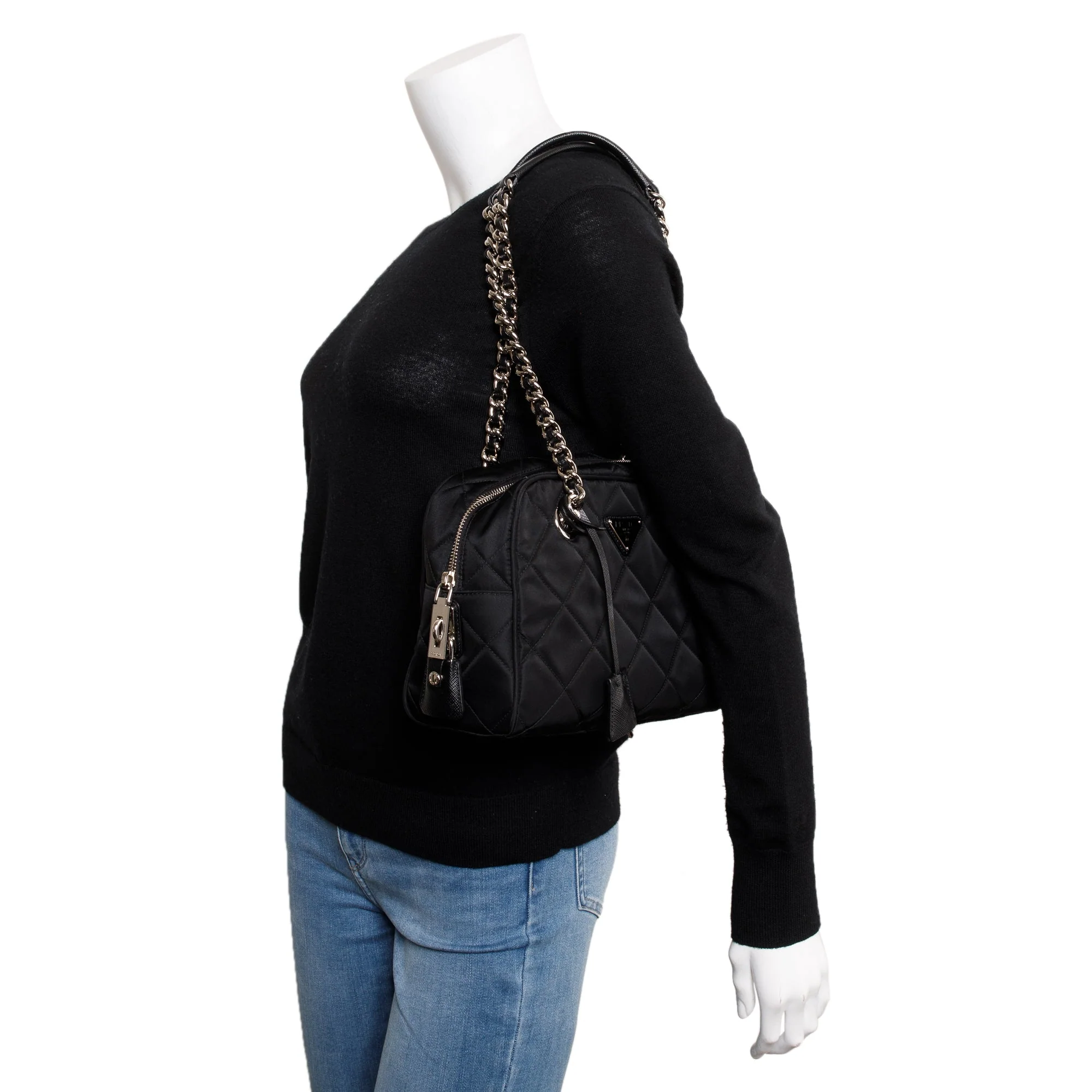 Prada Black Quilted Tessuto Impuntu Chain Shoulder Bag w/ Authenticity Card - Image 2