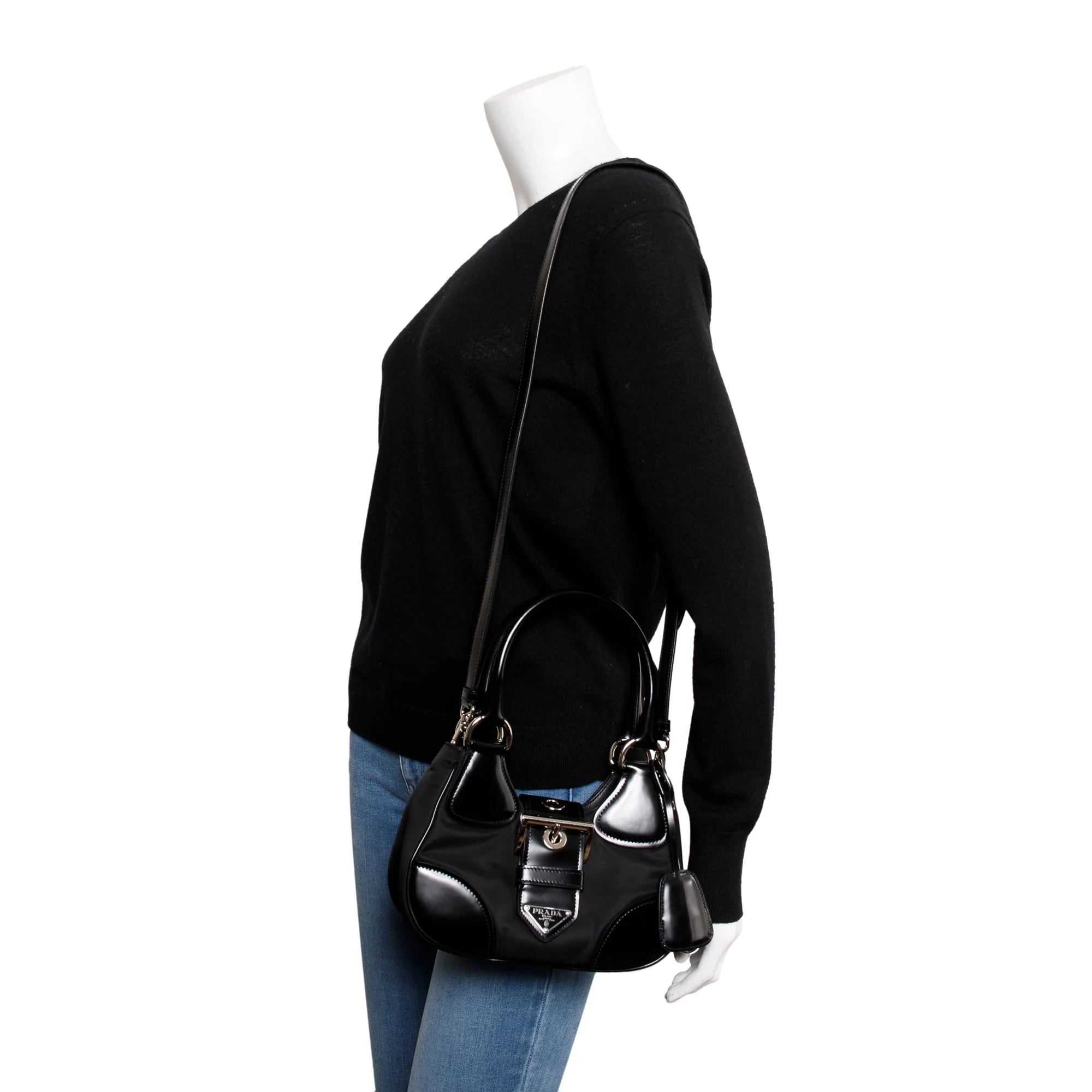Prada Black Re-Nylon and Leather Moon Bag - Image 2