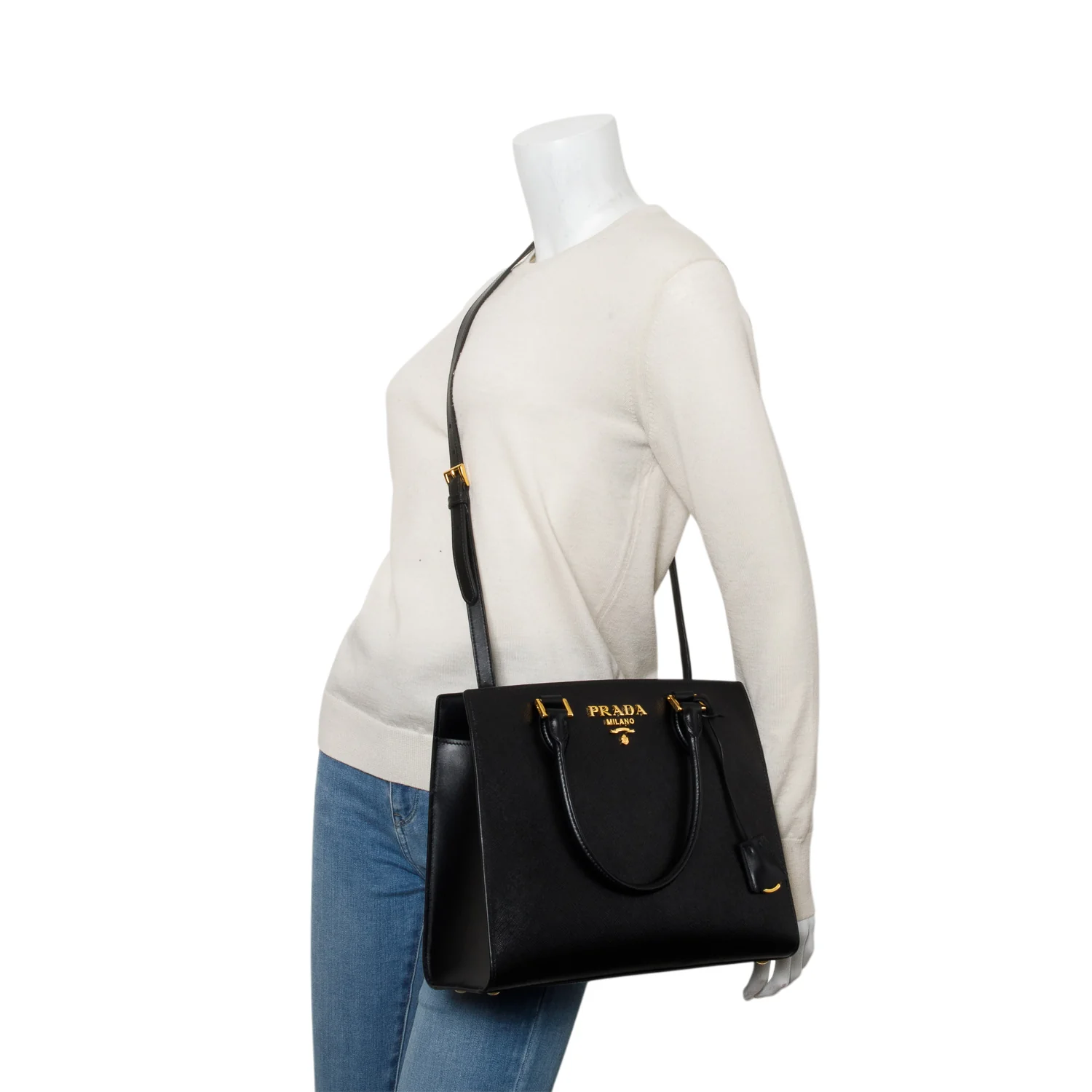 Prada Black Saffiano Cuir Medium Top Handle Tote w/ Strap - Image 2