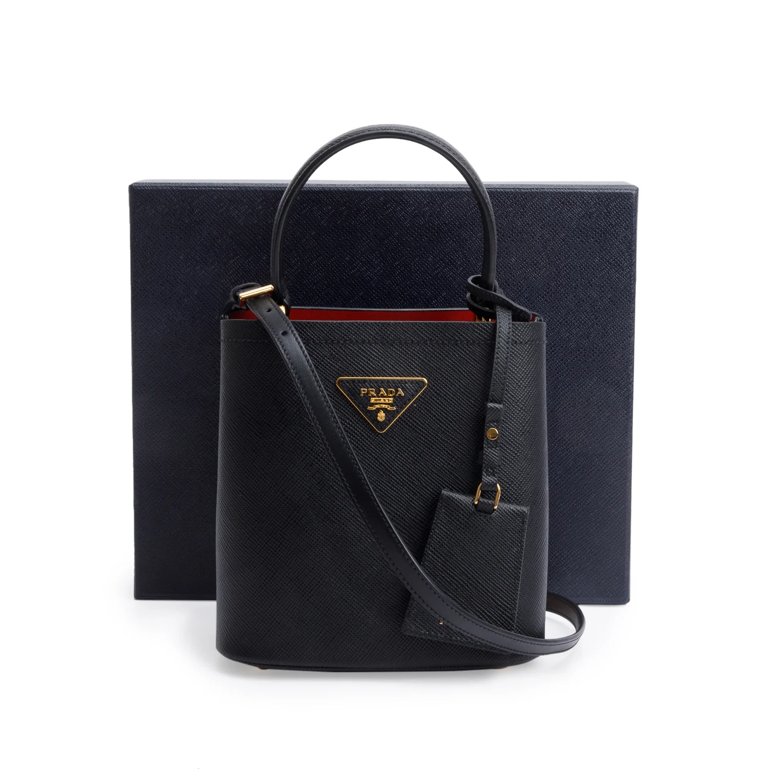 Prada Black Saffiano Cuir Small Panier Bag w/ Strap & Box - Image 3