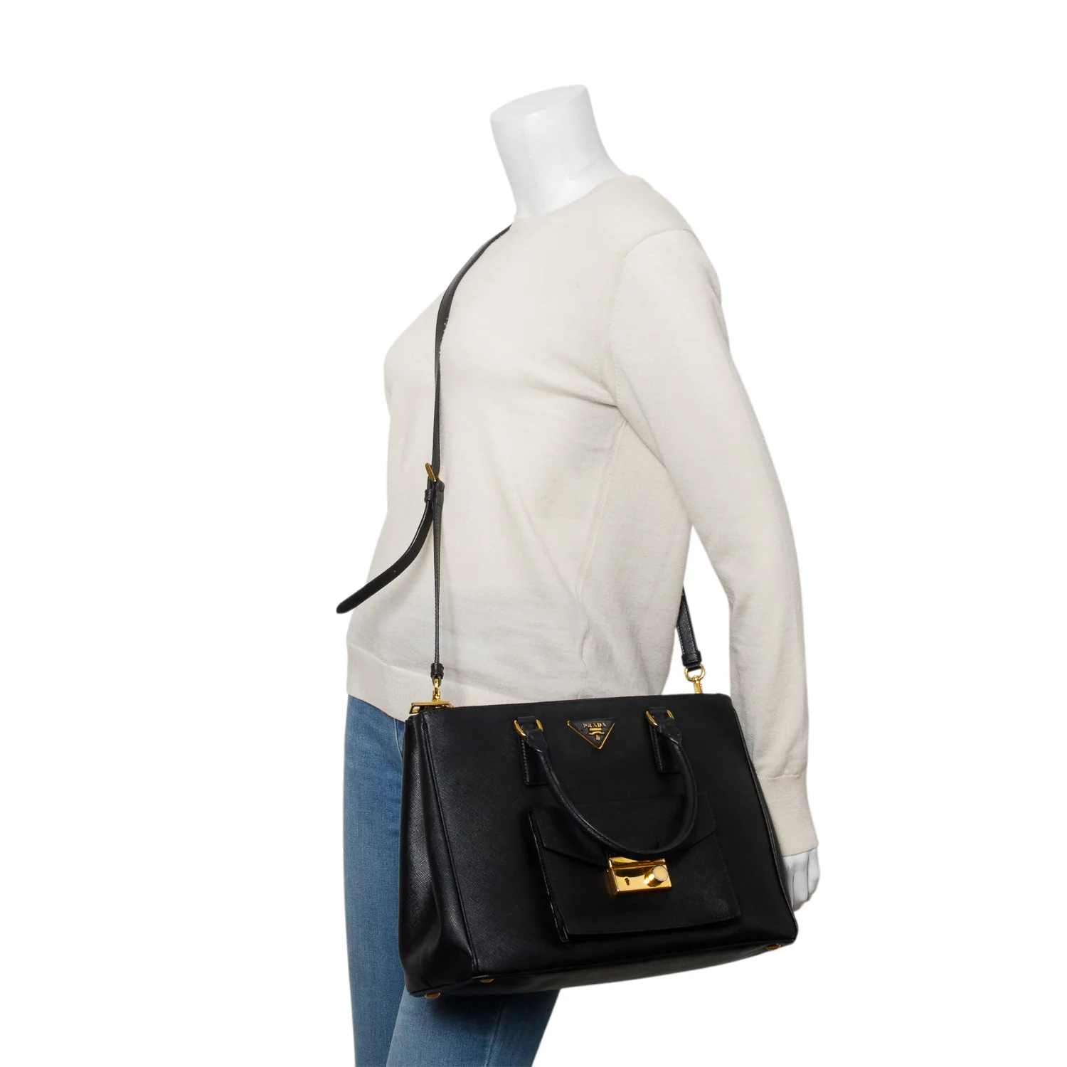 Prada Black Saffiano Lux Medium Galleria Double Zip Front Pocket Tote w/ Authenticity Card & Strap - Image 2