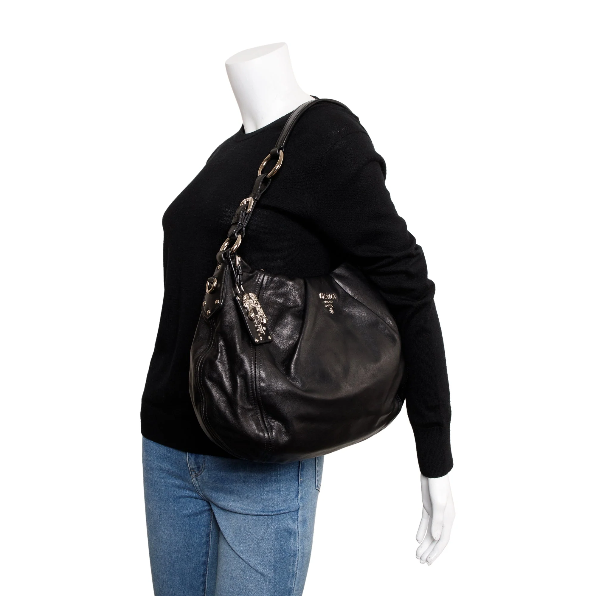 Prada Black Soft Calf Leather Pleated Hobo Bag - Image 2
