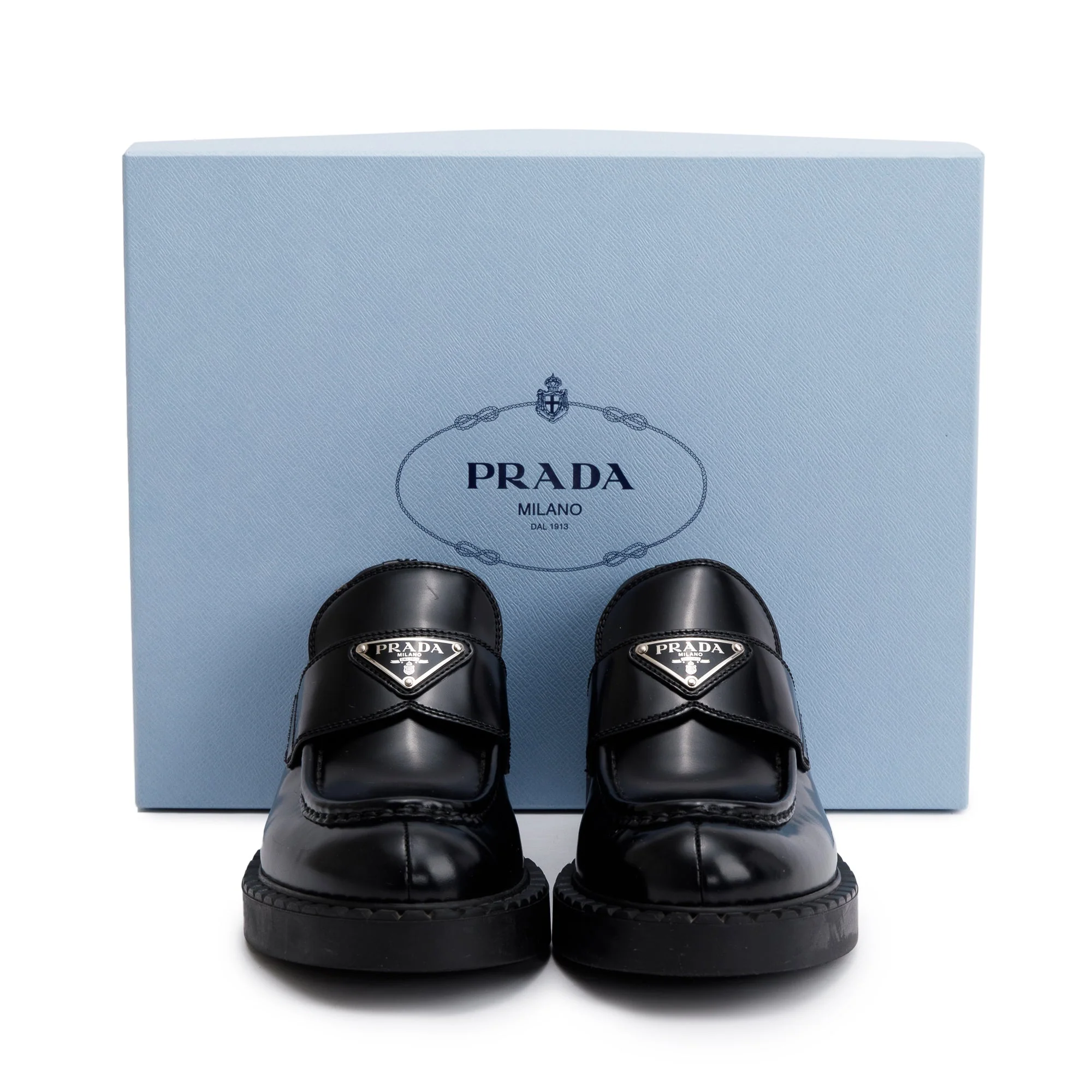 Prada Black Spazzolato Leather Signature Logo Loafers, Size 38 w/ Box - Image 8