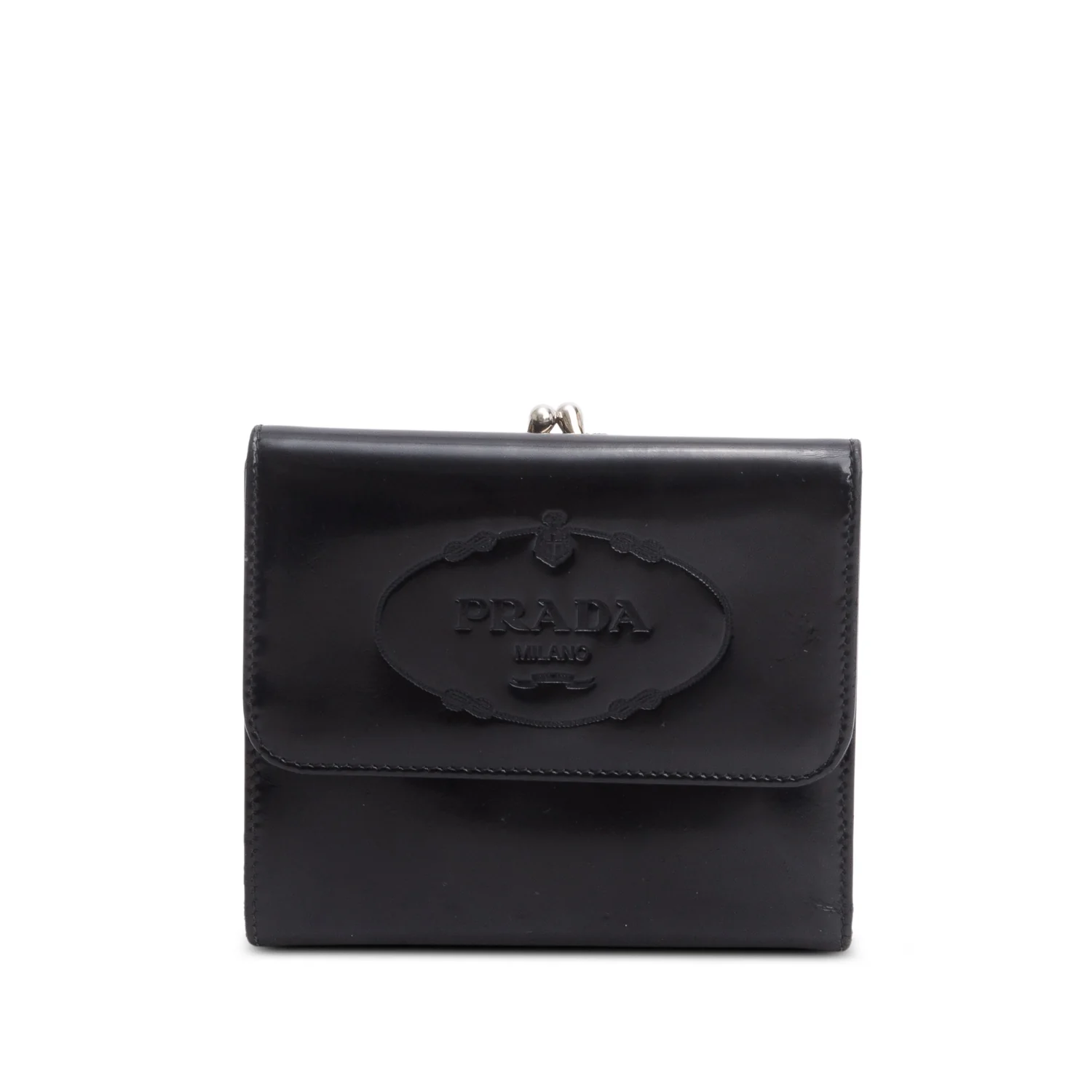 Prada Black Spazzolato Trifold Compact Wallet w/ Box