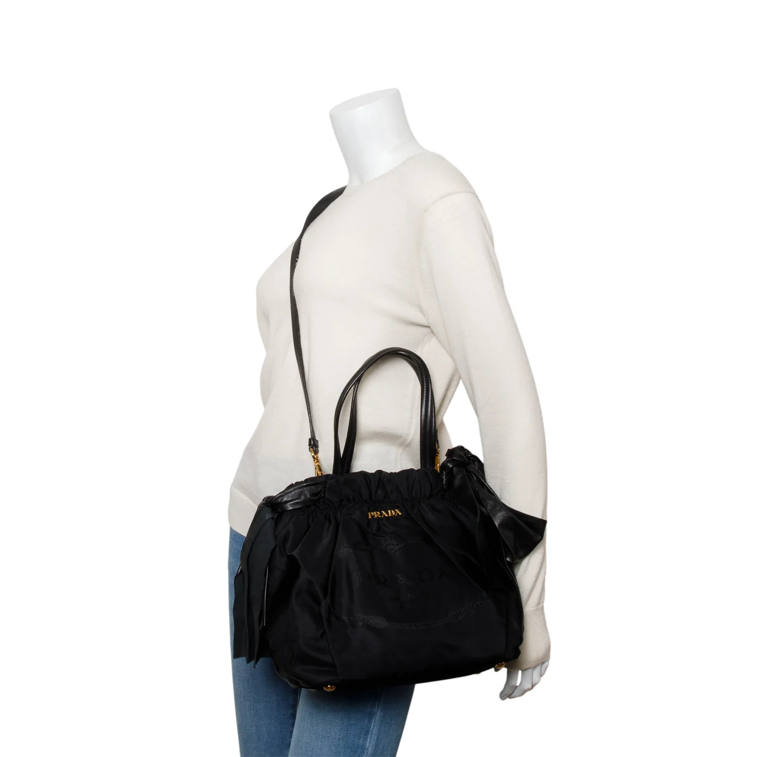 Prada Black Tessuto Bow Nylon Tote Bag w/ Strap - Image 7