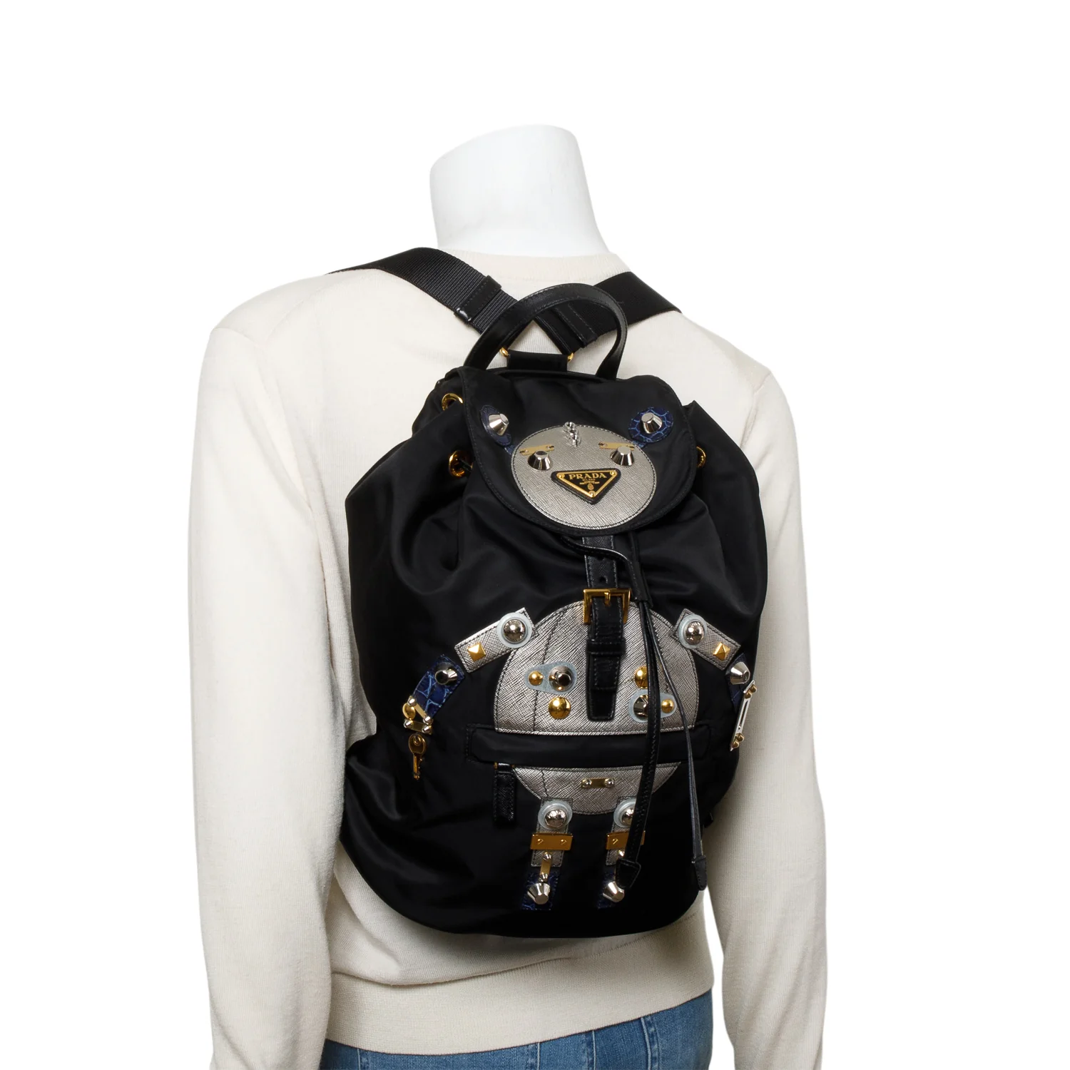 Prada Black Tessuto Nylon Grey Saffiano Leather Trim Robot Backpack - Image 2