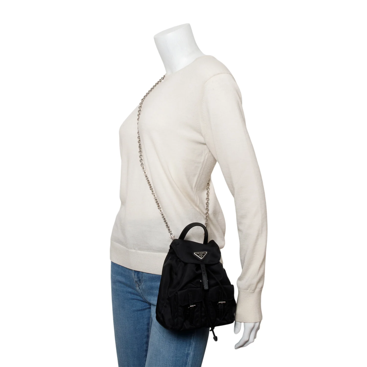 Prada Black Tessuto Nylon & Saffiano Leather Mini Double Pocket Chain Shoulder Bag - Image 2