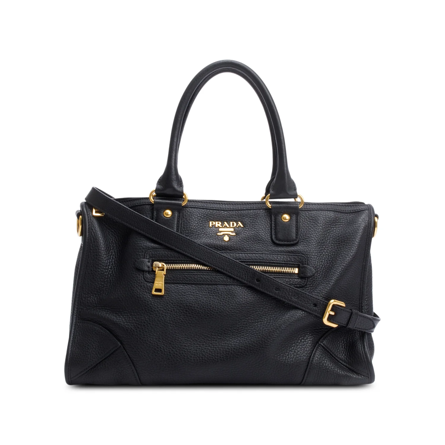 Prada Black Vitello Daino Leather Zip Convertible Tote w/ Strap