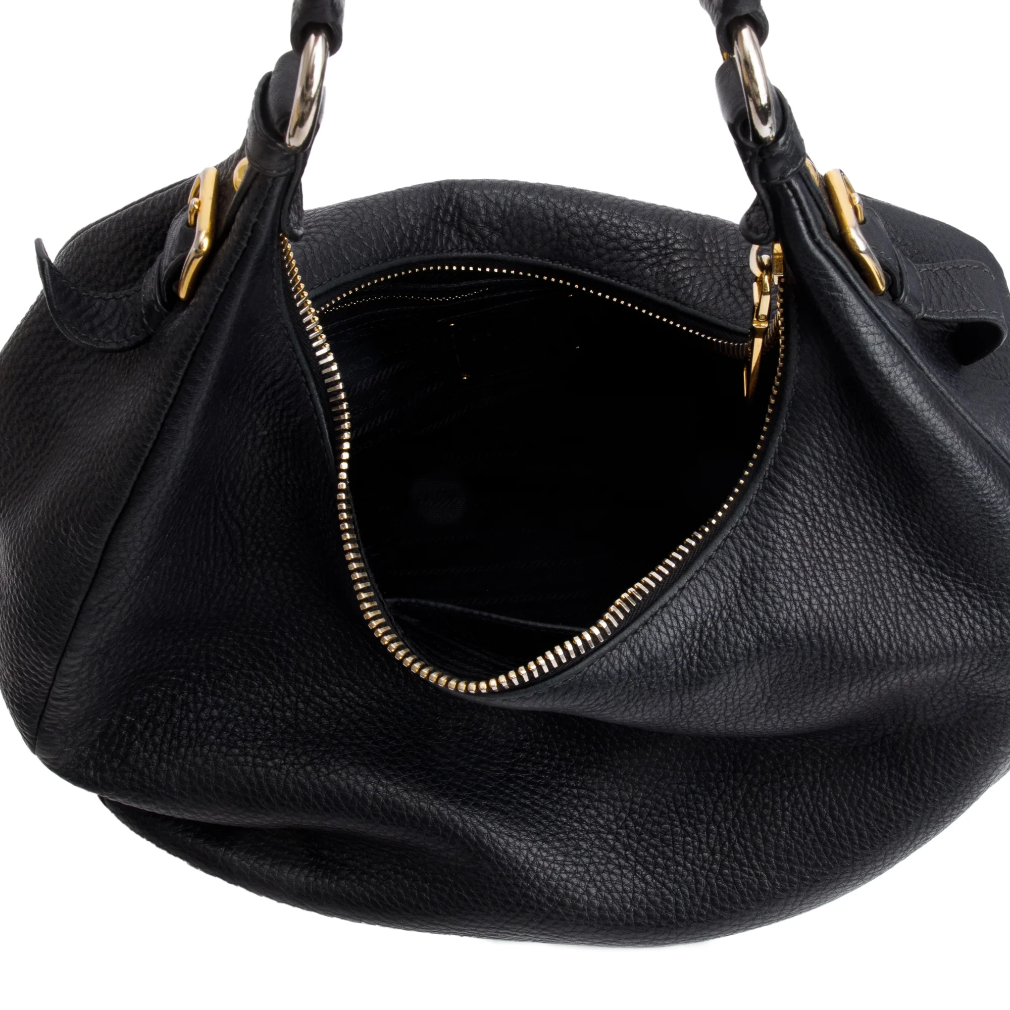 Prada Black Vitello Daino Leather Zip Top Hobo - Image 6