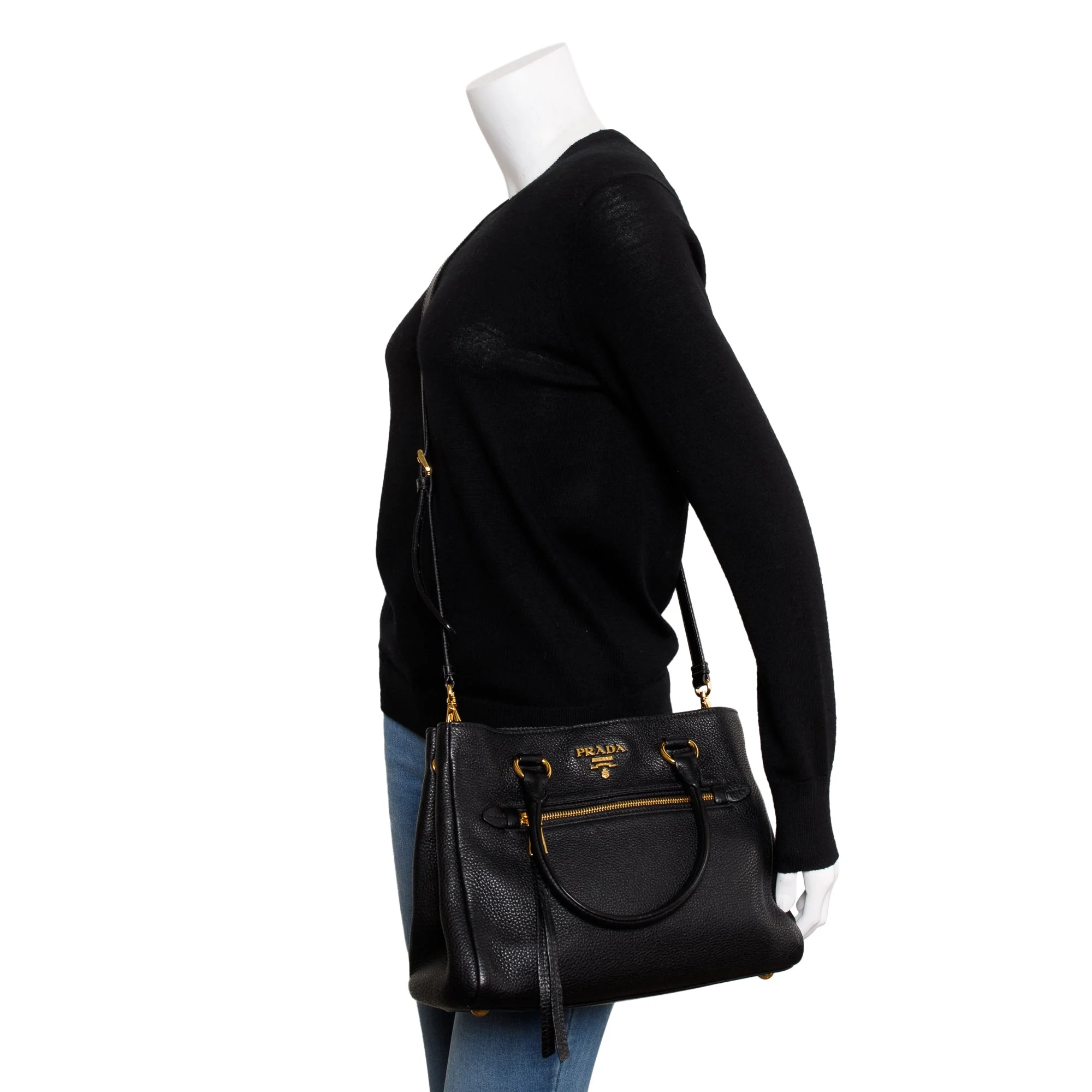 Prada Black Vitello Phenix Leather Pocket Tote w/ Strap & Authenticity Card - Image 6