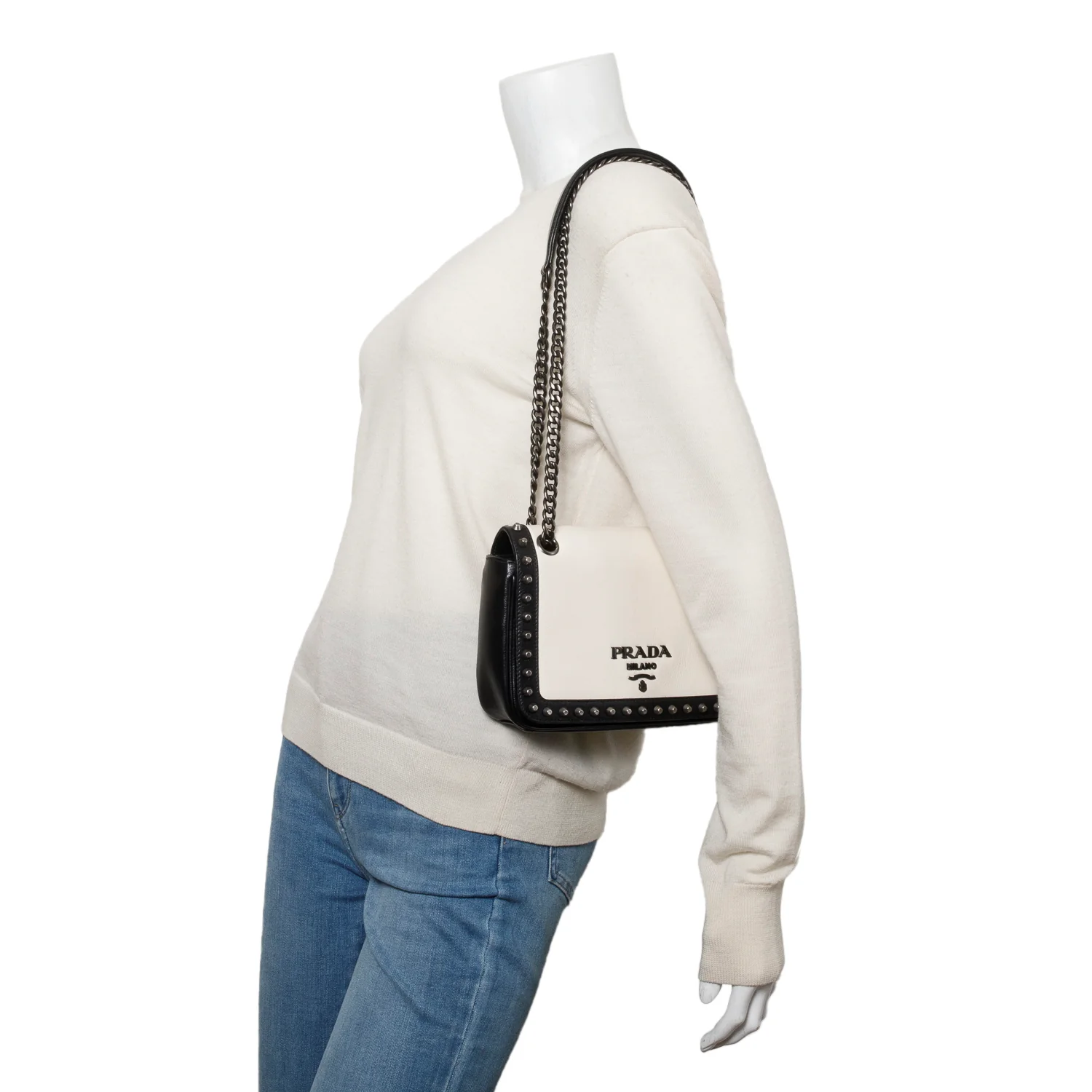 Prada Black/White Glace Calf Leather Studded Camera Crossbody Bag - Image 2