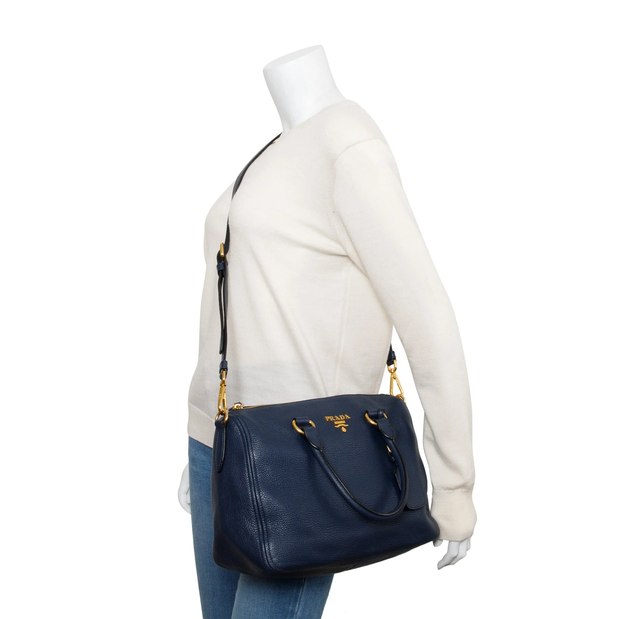 Prada Blue Vitello Phenix Leather Bauletto w/ Strap, Receipt & Authenticity Card - Image 2