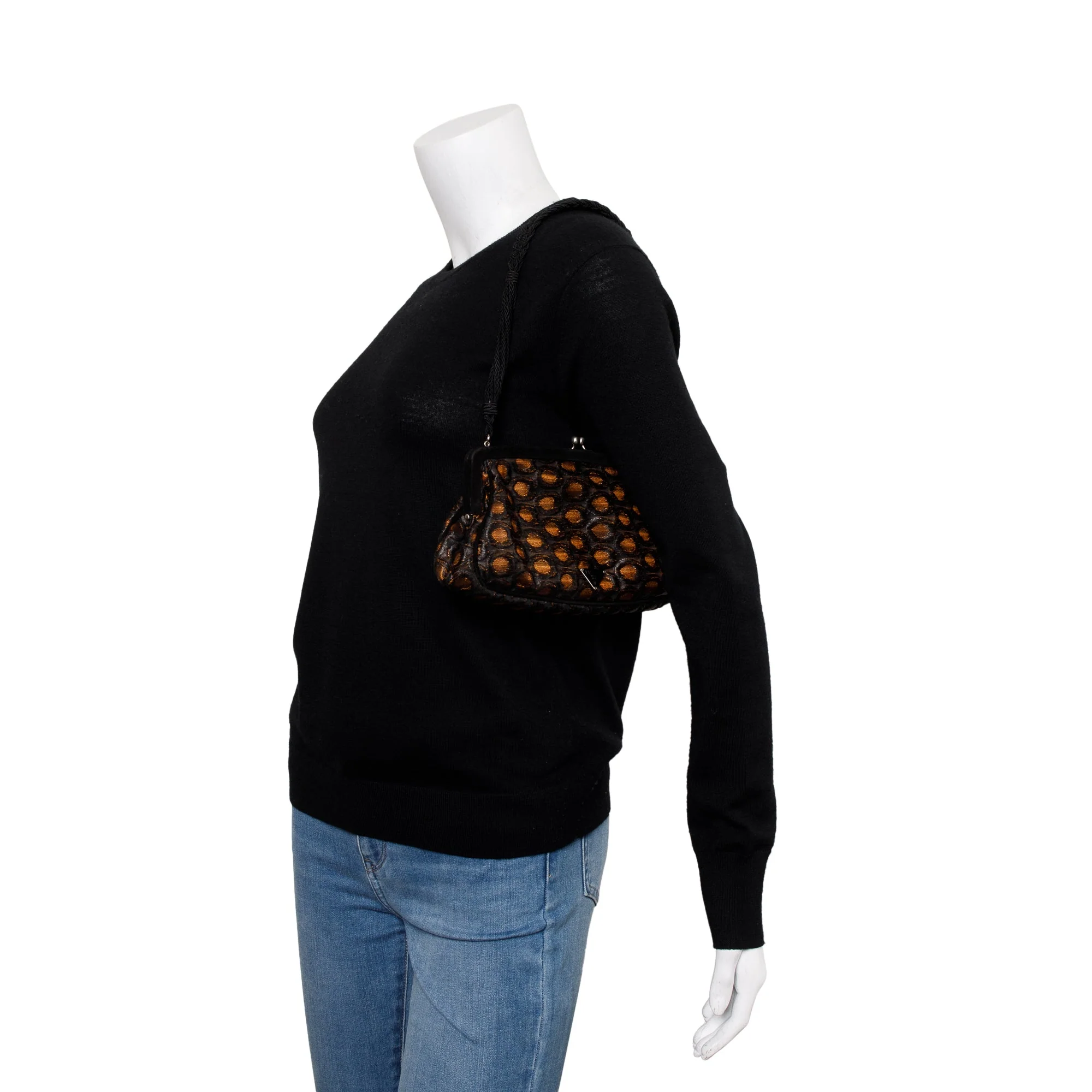 Prada Brown/ Beige Embroidered Satin Black Velvet Raso Frame Bag - Image 2