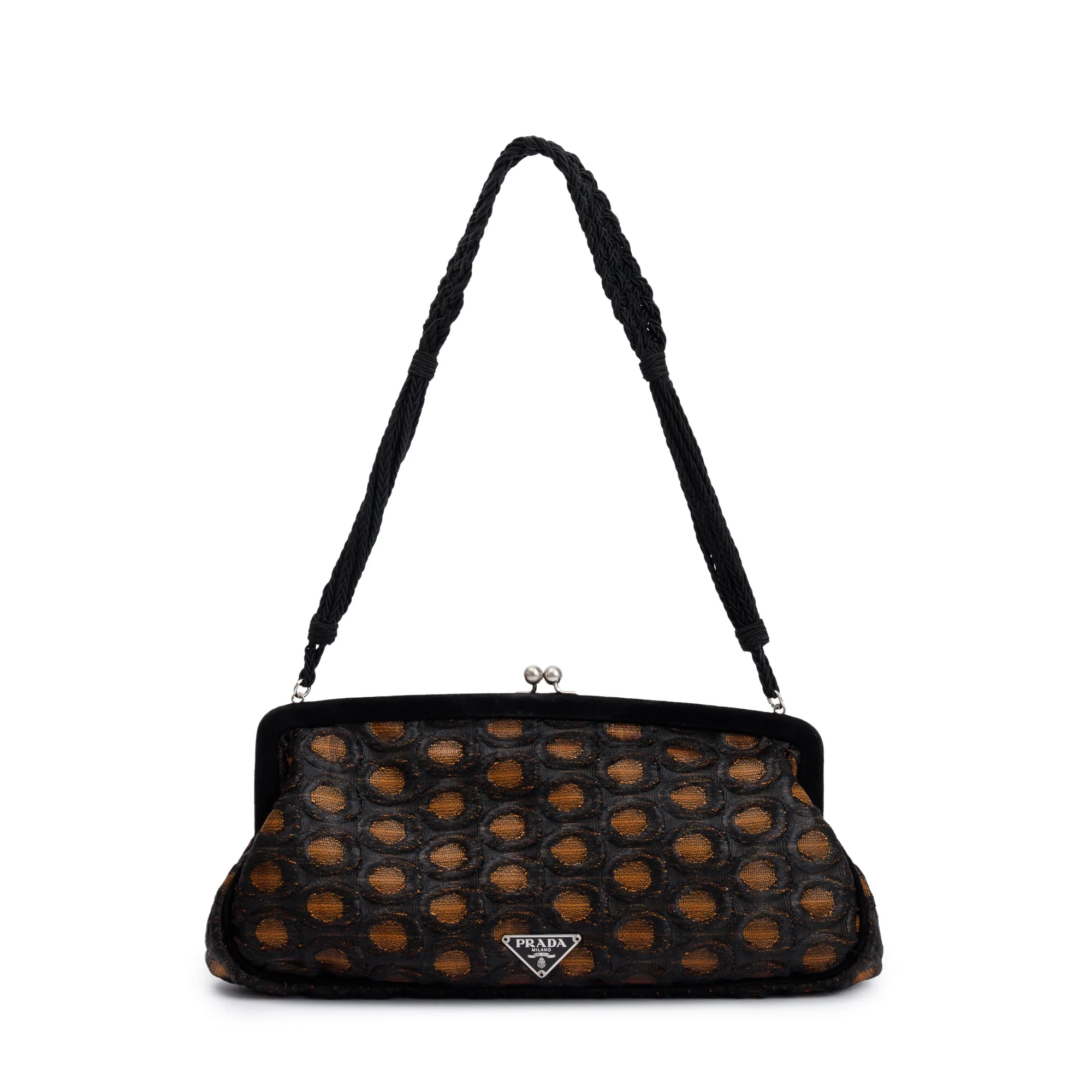 Prada Brown/ Beige Embroidered Satin Black Velvet Raso Frame Bag - Image 3