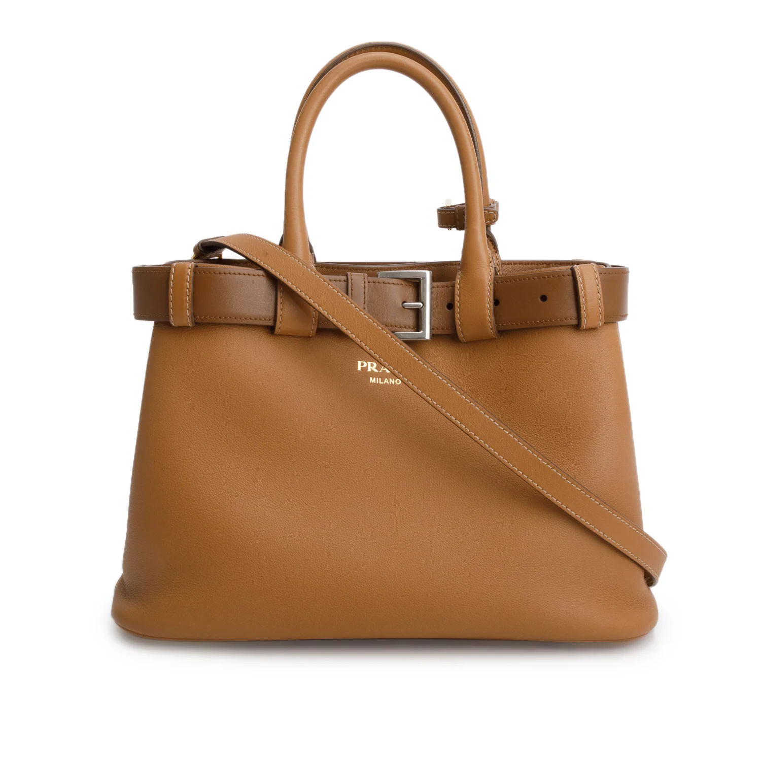Prada Brown Nappa Leather Small Buckle Handbag w/ Belt & Strap