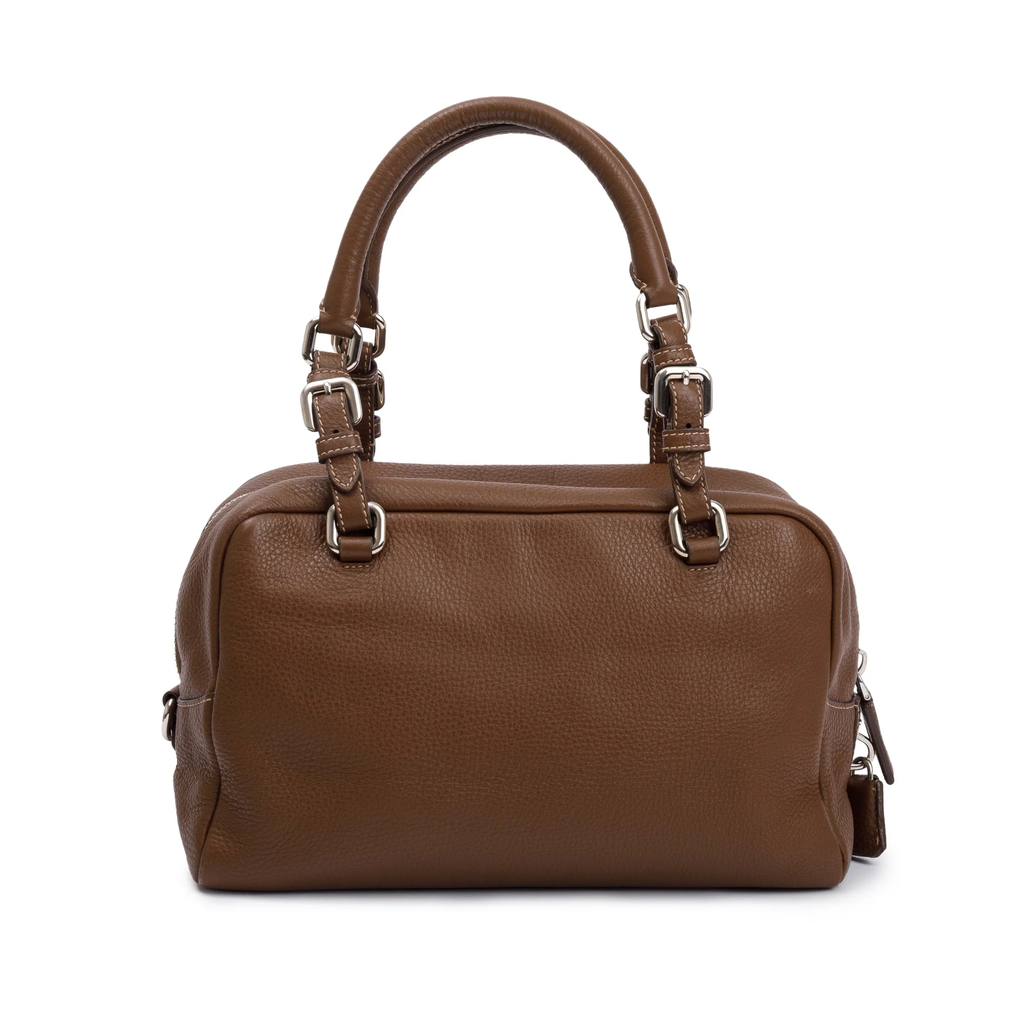 Prada Brown Vitello Daino Leather Medium Bauletto Logo Bag - Image 4