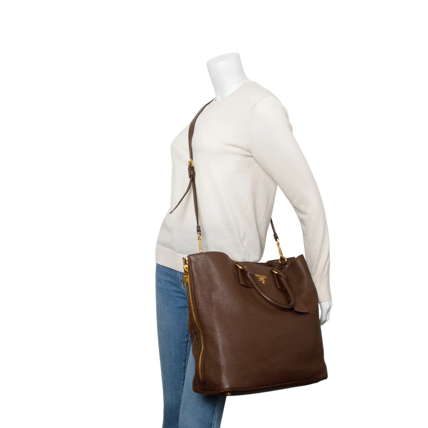 Prada Brown Vitello Daino Leather Side Zip Shopping Tote w/ Strap & Authenticity Card - Image 2