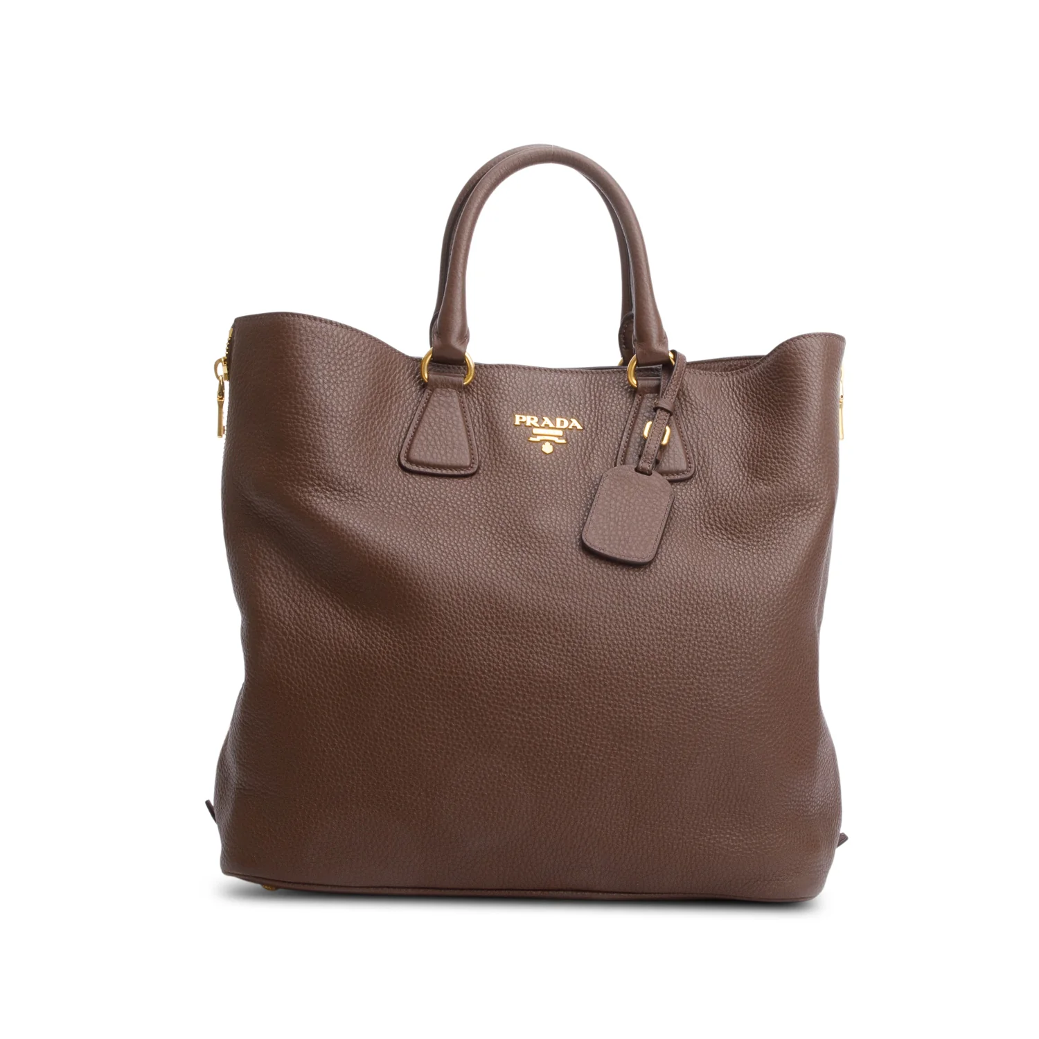 Prada Brown Vitello Daino Leather Side Zip Shopping Tote w/ Strap & Authenticity Card - Image 3