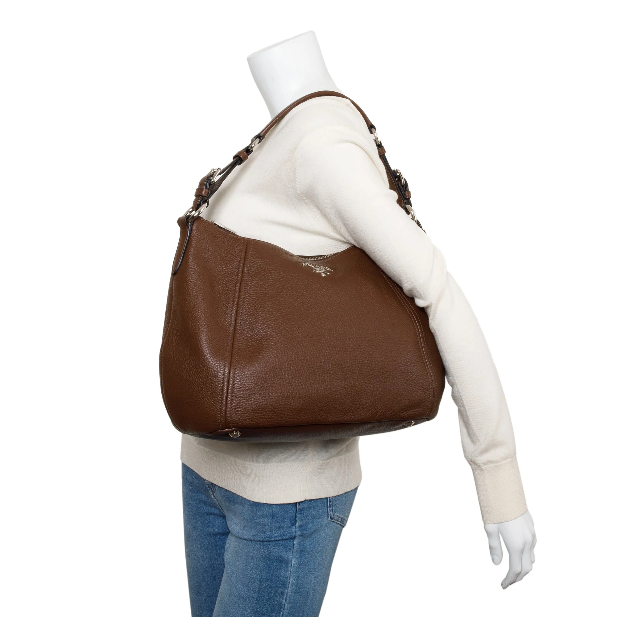Prada Brown Vitello Phenix Leather Zip Top Hobo Bag - Image 2