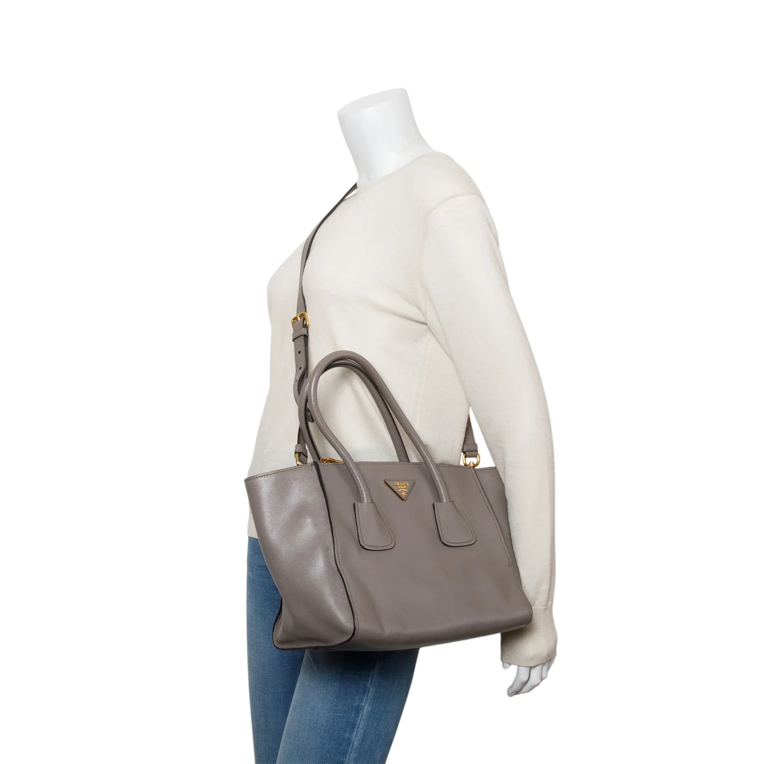 Prada Grey City Calf Small Twin Pocket Tote w/ Strap - Image 2