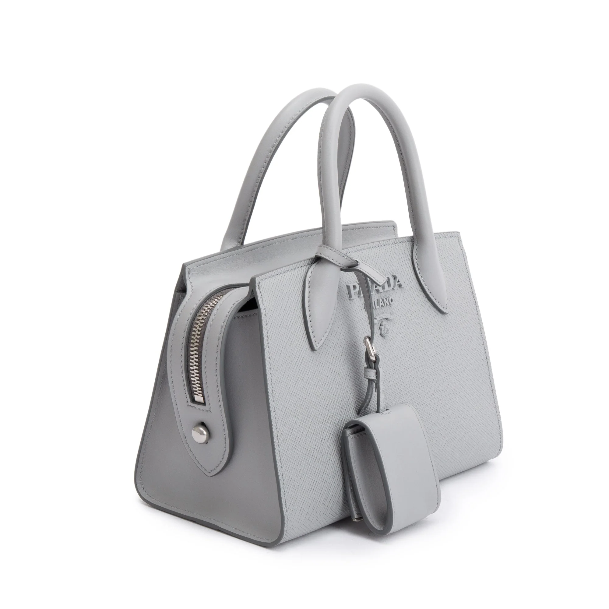 Prada Grey Saffiano Cuir Mini Monochrome Top Handle Tote w/ Strap - Image 4