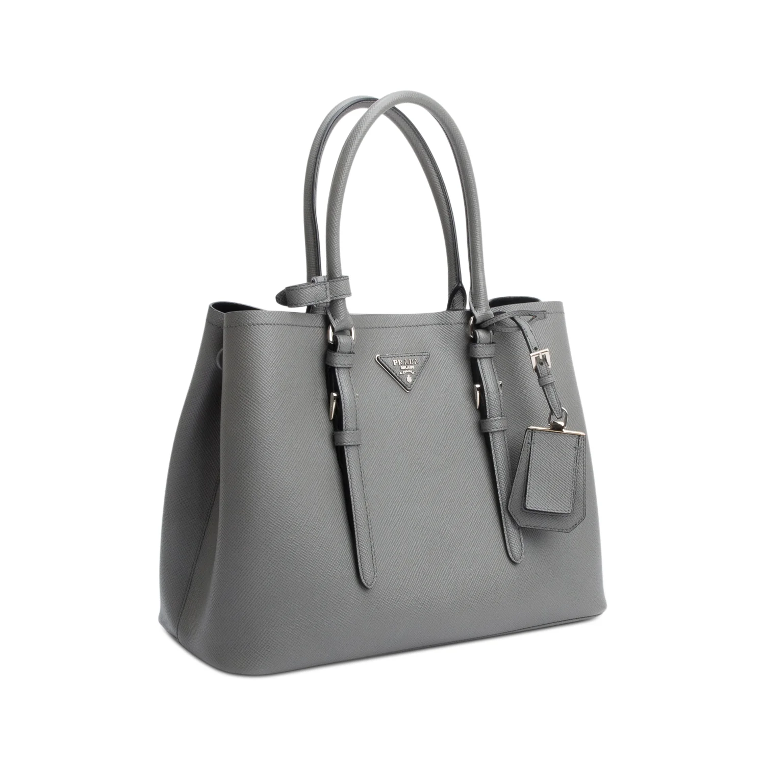 Prada Grey Saffiano Lux Medium Cuir Double Tote w/ Strap - Image 4