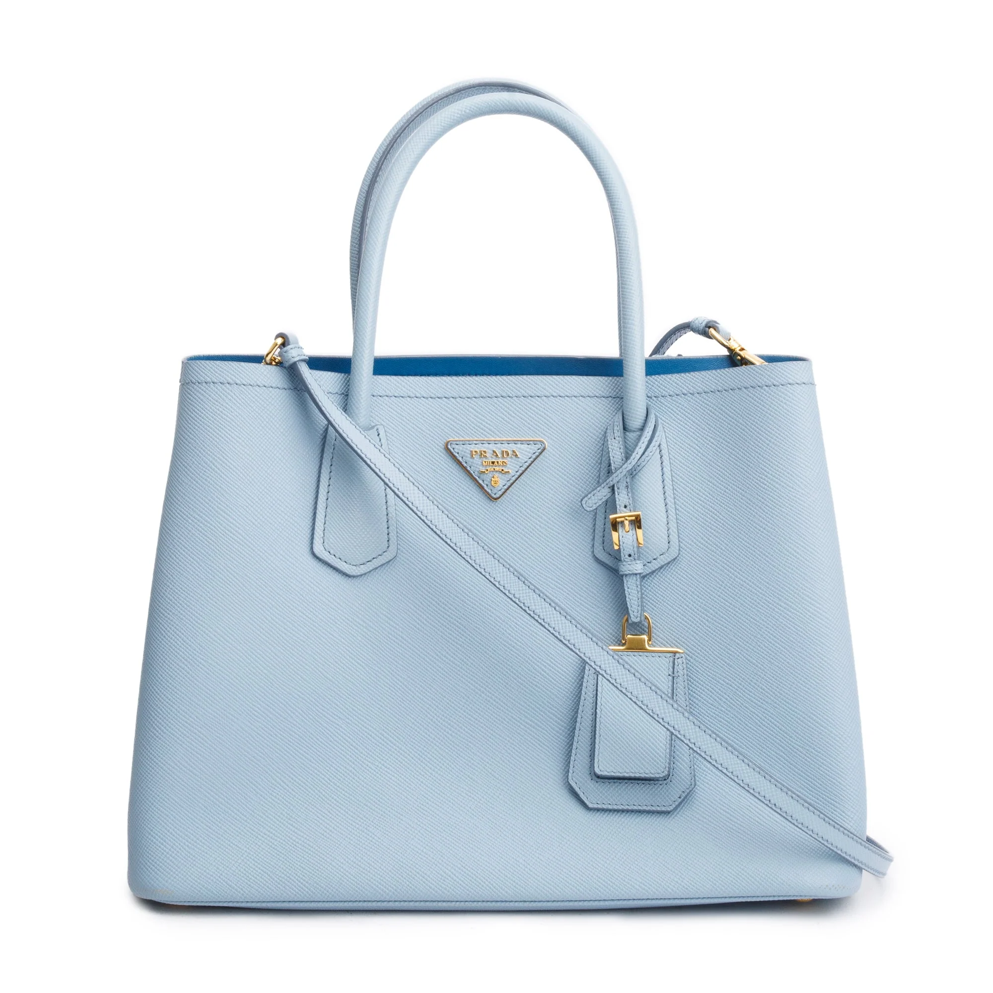 Prada Light Blue Saffiano Lux Medium Cuir Double Tote w/ Strap & Authenticity Card
