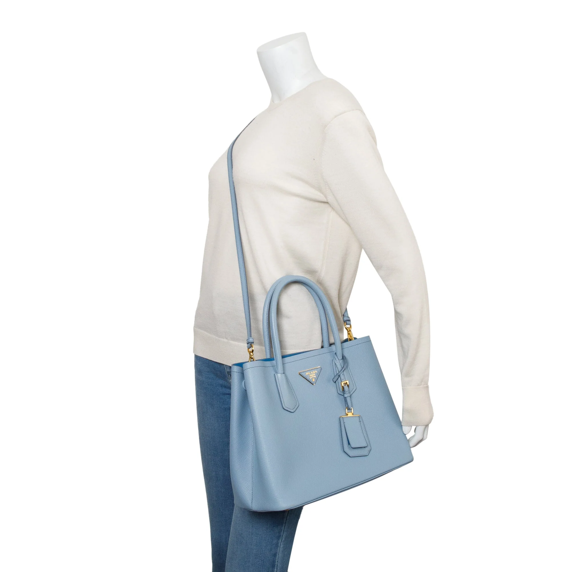 Prada Light Blue Saffiano Lux Medium Cuir Double Tote w/ Strap & Authenticity Card - Image 2