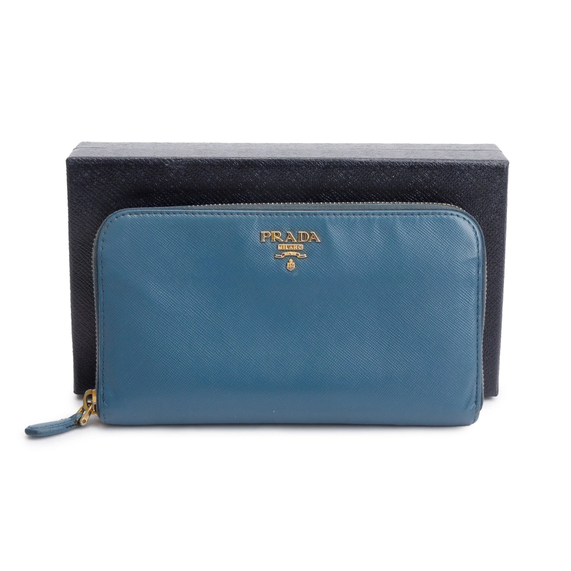 Prada Marine Saffiano Metal Leather Zip Around Wallet w/ Box & Card - Image 2