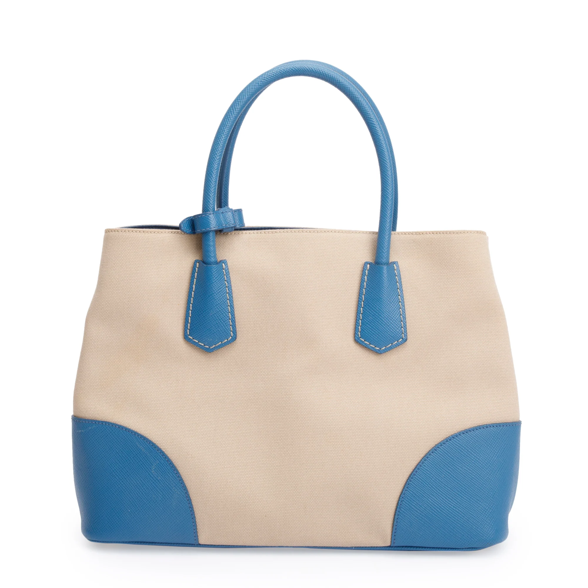 Prada Neutral Canvas Blue Saffiano Trim Medium Cuir Double Tote - Image 3