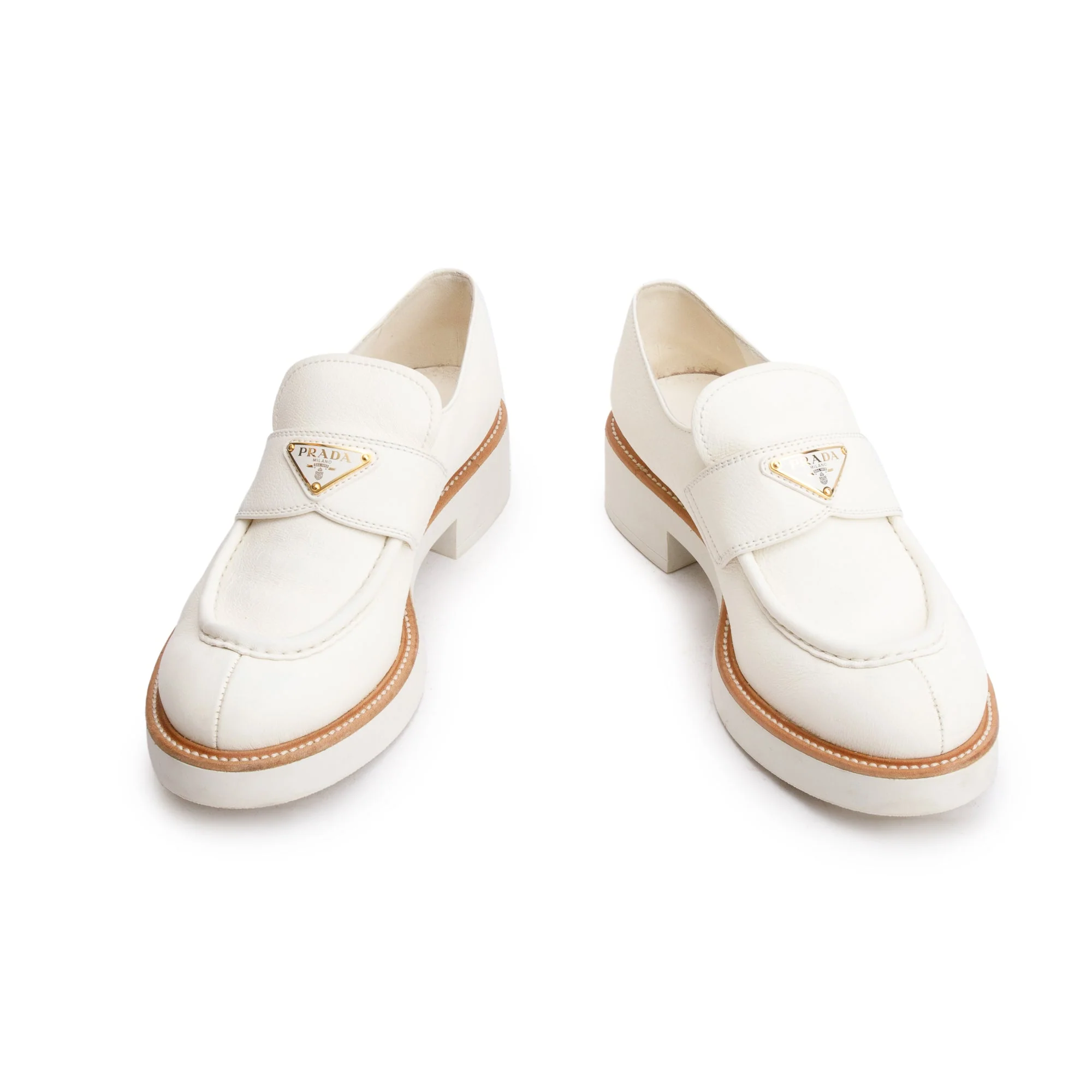 Prada Neutral Pumise Stone Leather Signature Logo Loafers, Size 41 w/ Box - Image 4