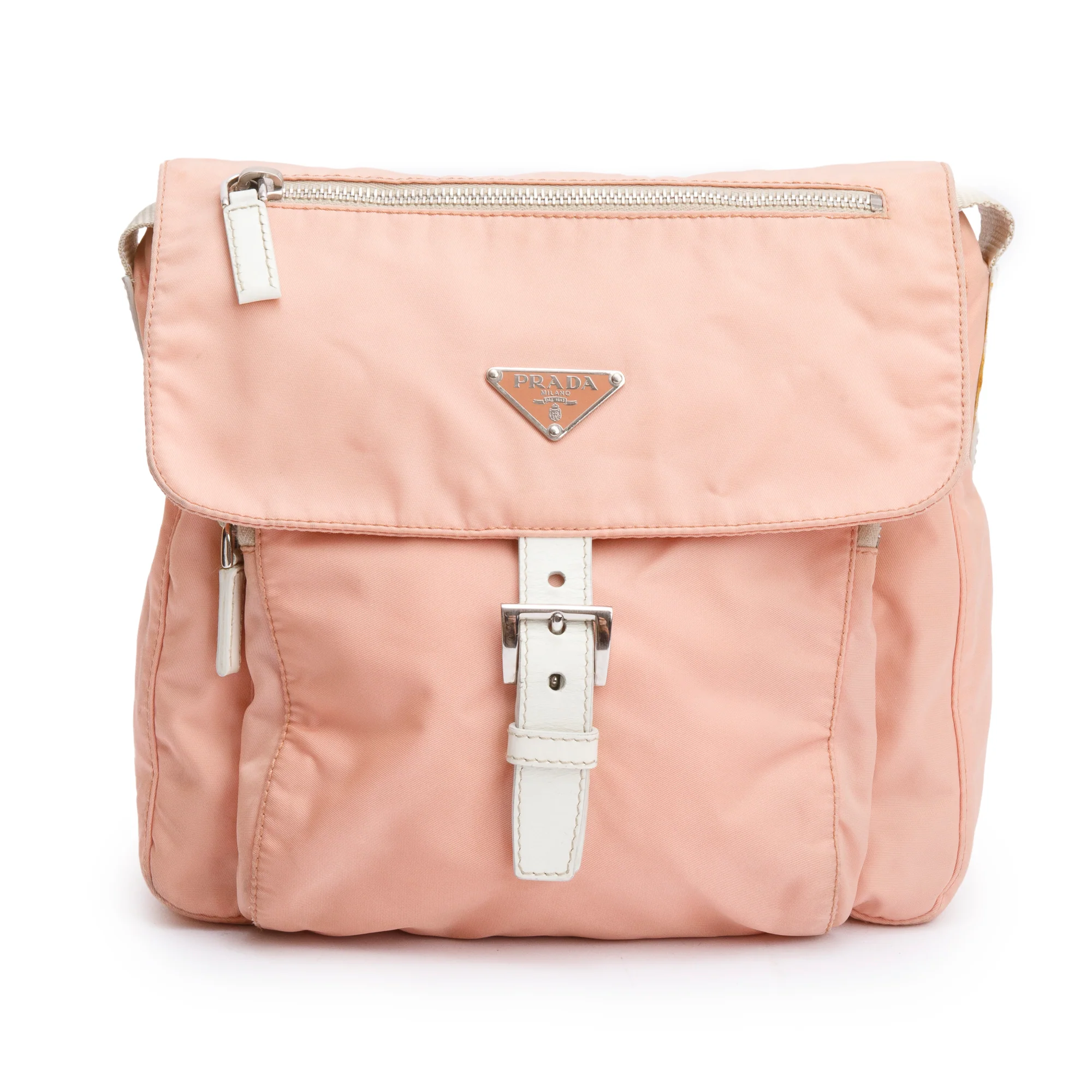 Prada Peach Tessuto Nylon White Leather Trimmed Vela Messenger Bag - Image 3