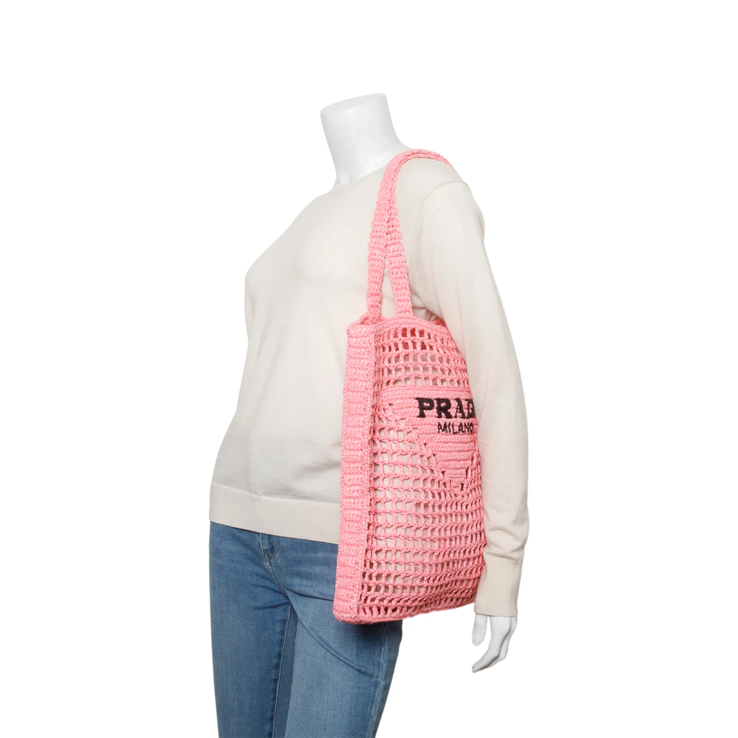 Prada Pink Raffia Crochet Logo Embroidered Tote Bag - Image 2