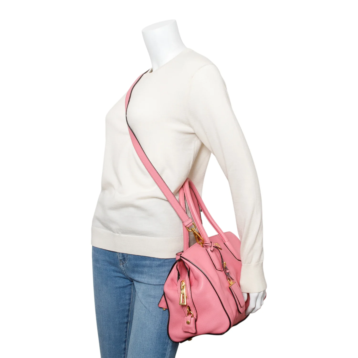 Prada Pink Vitello Grain Leather Signature Top Handle Bag w/ Strap & Authenticity Card - Image 7