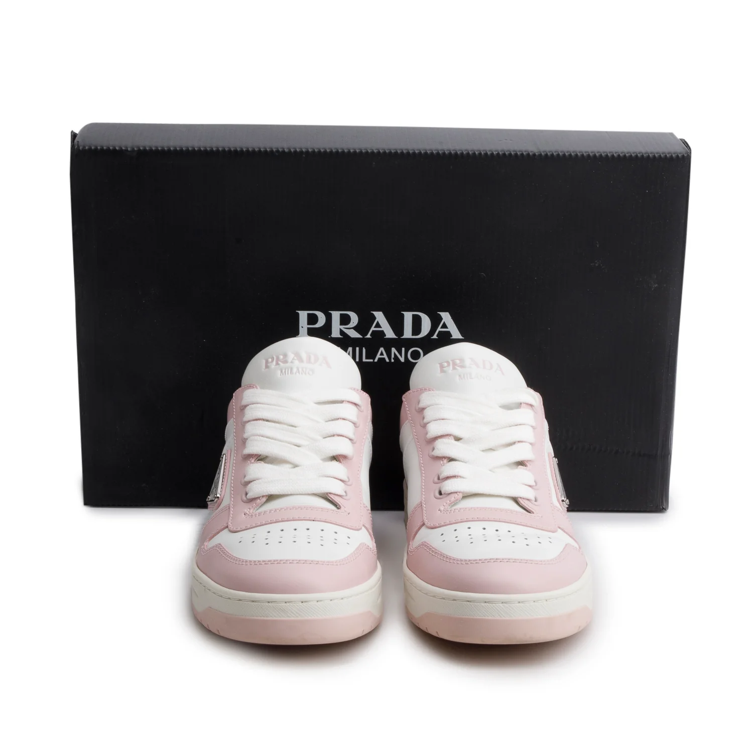 Prada Pink White Vitello Sport Spazzolato Rois Triangle Logo Downtown Low Top Sneakers, Size 38 w/ Box - Image 2