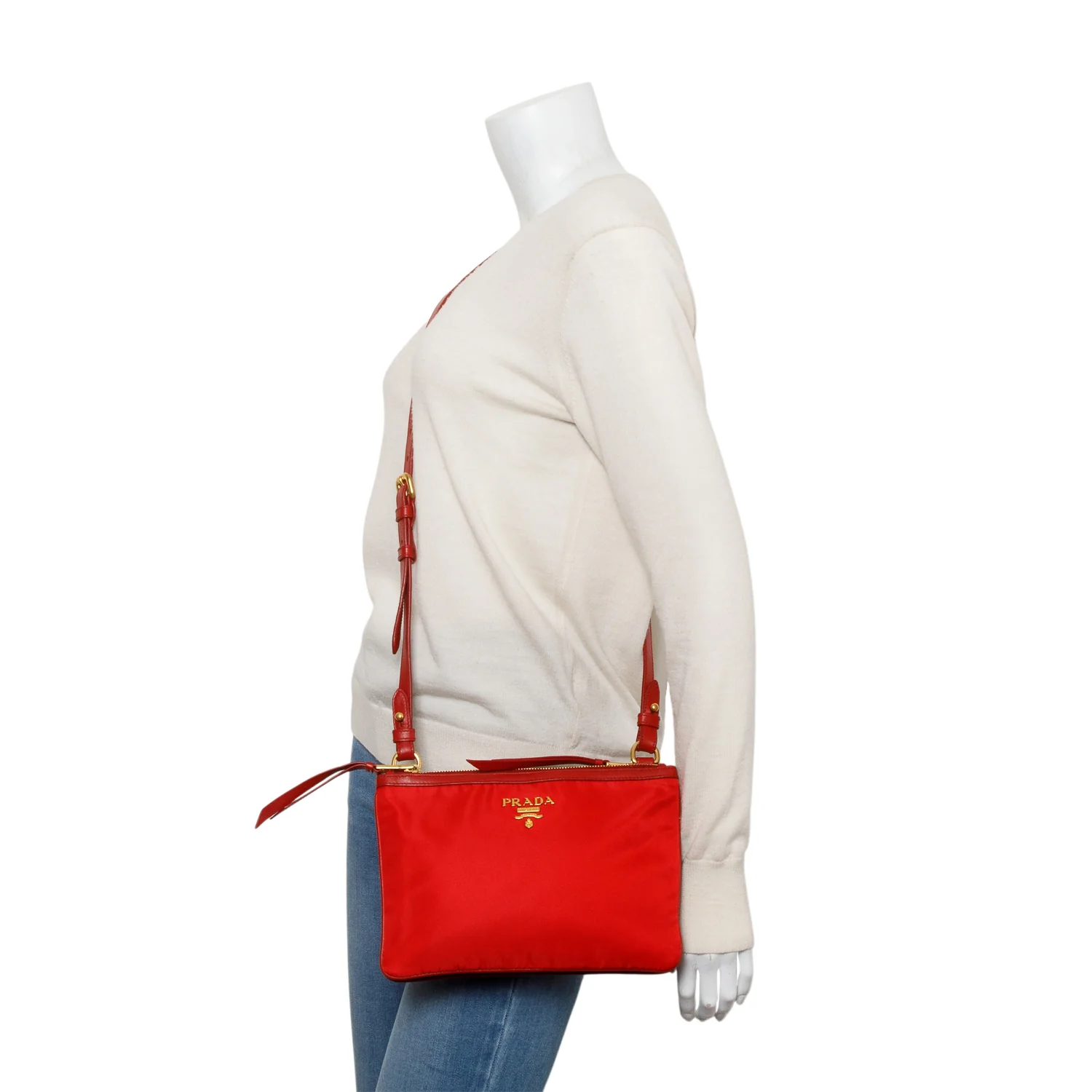 Prada Red Soft Calf Leather Tessuto Nylon Small Double Zip Crossbody Bag w/ Authenticity Card - Image 2