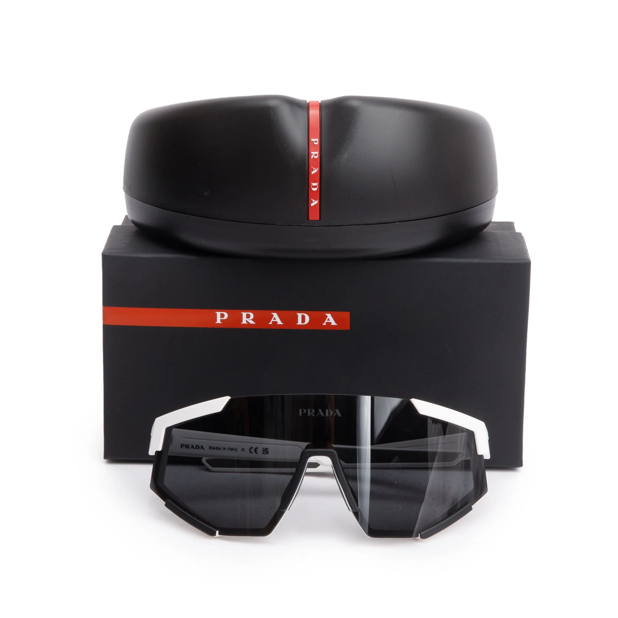 Prada SPS04W Black & White Linea Rossa Impavid Shield Sunglasses w/ Box & Case - Image 2