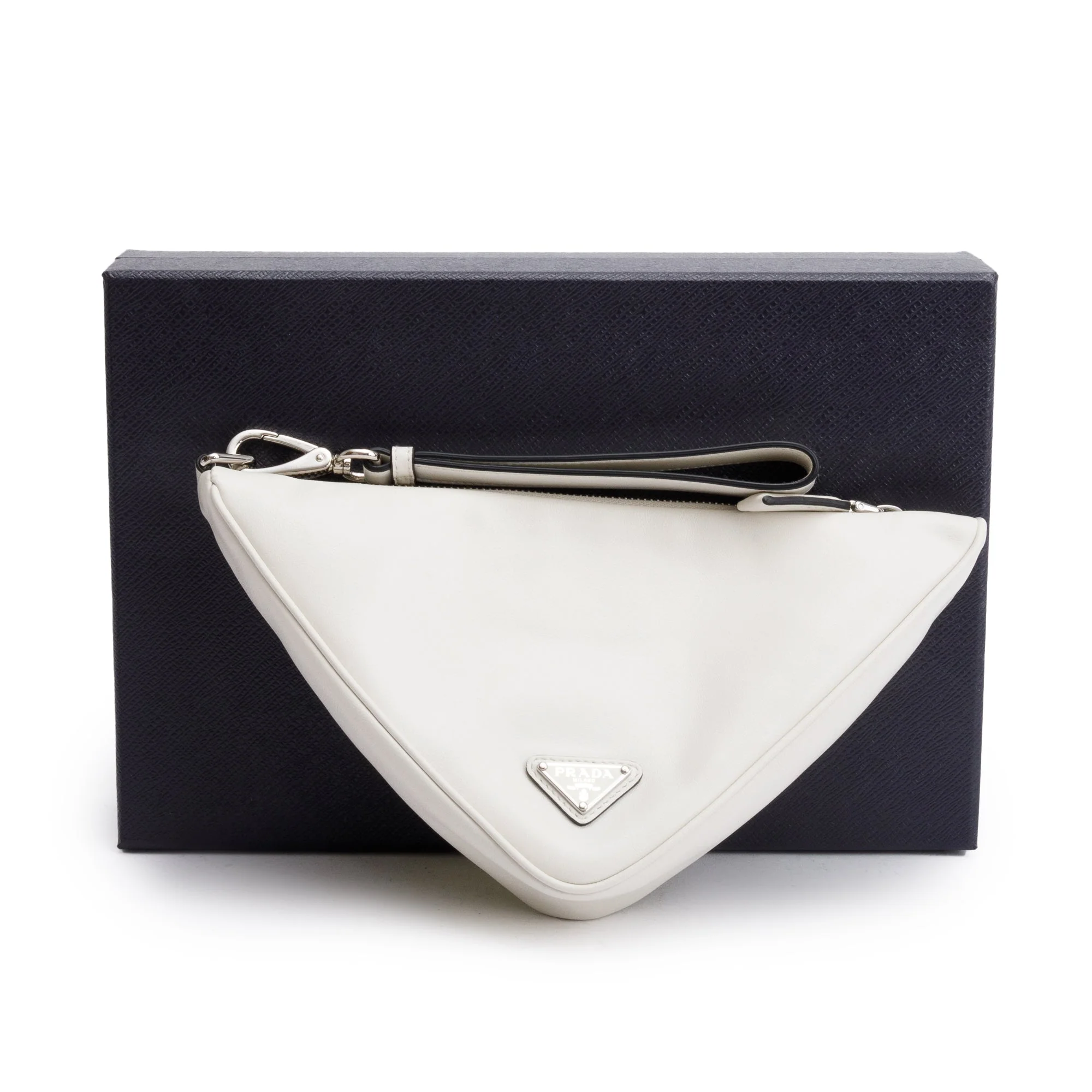 Prada White Grace Lux Leather Triangle  Wristlet Clutch w/ Box & Authenticity Card - Image 2