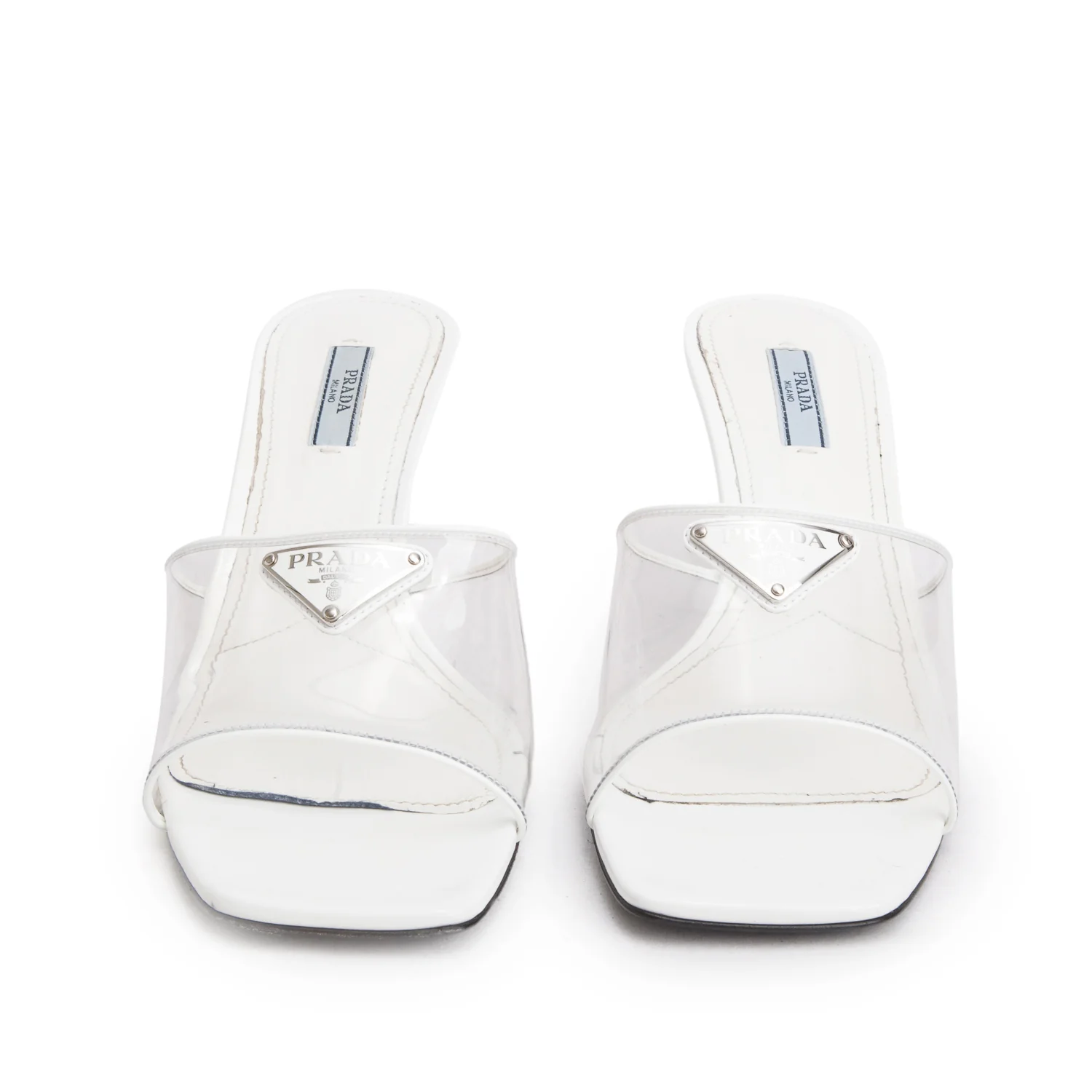 Prada White Plexiglass Vernice Metal Triangle Logo 65mm Slide Sandals, Women's Size 40 w/ Box
