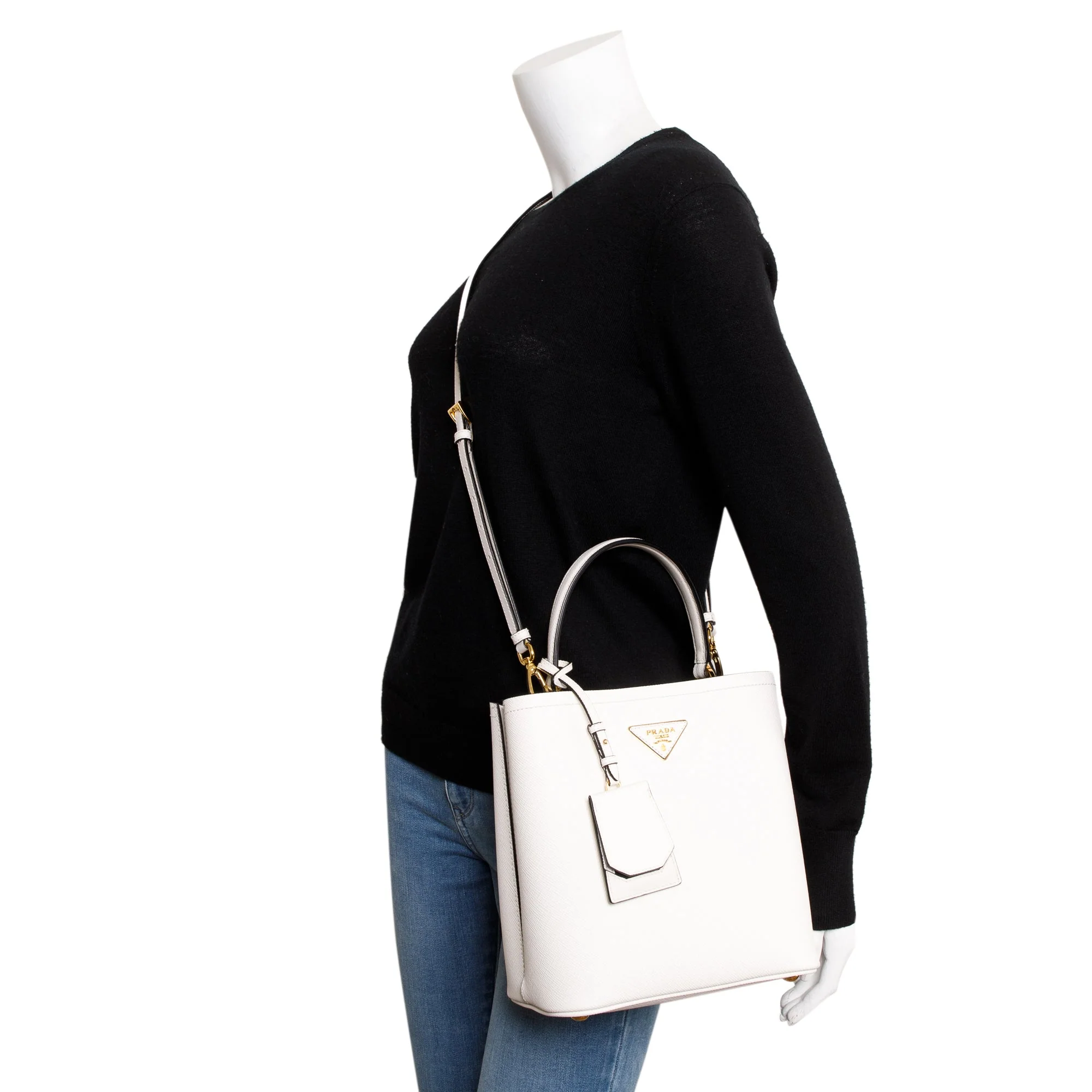 Prada White Saffiano Cuir Medium Panier Bag w/ Strap - Image 2