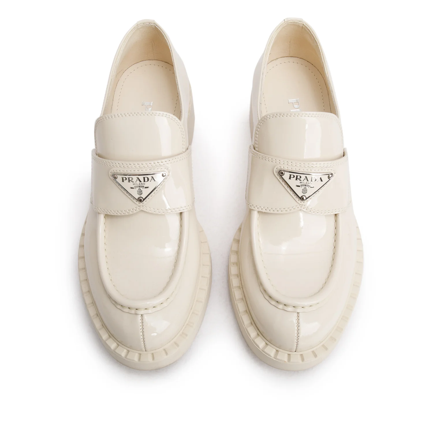 Prada White Vernice Leather Signature Logo Loafers, Size 37 w/ Box