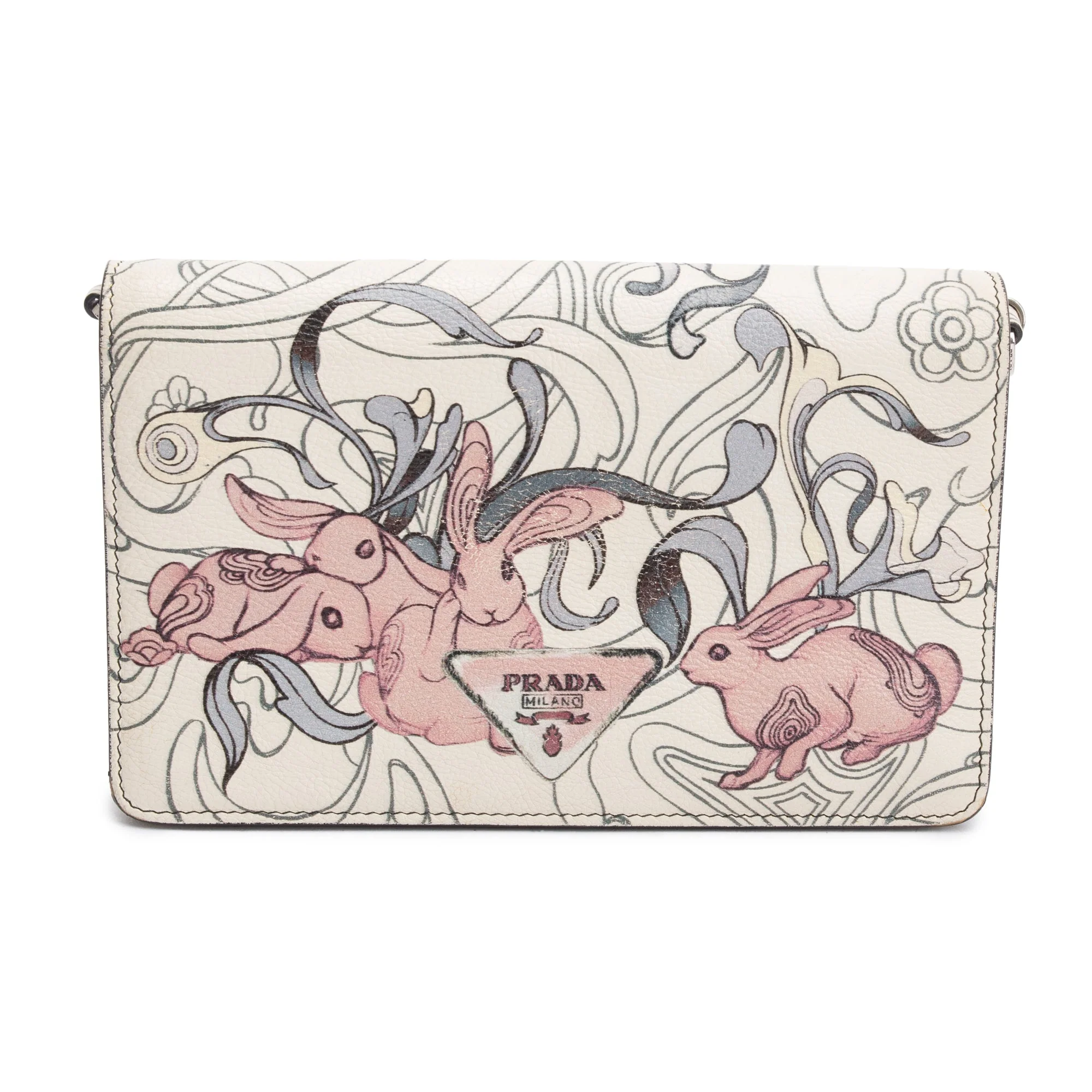 Prada X James Jean White Glace Calfskin Rabbit Print Wallet on Chain - Image 3
