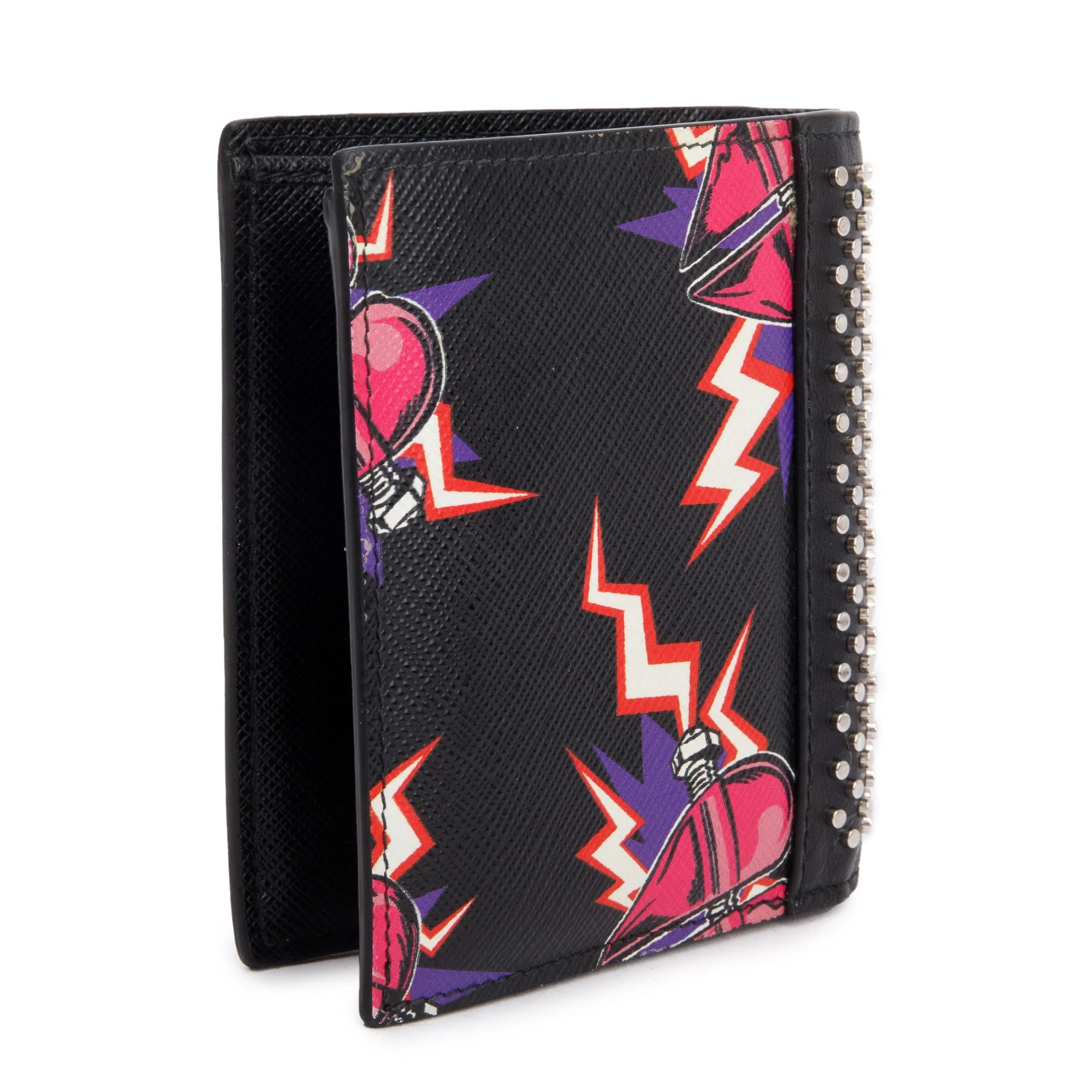 Prada X Universal Studios Black Multicolor Saffiano Leather Frankenstein Heart Studded Bifold Wallet - Image 4
