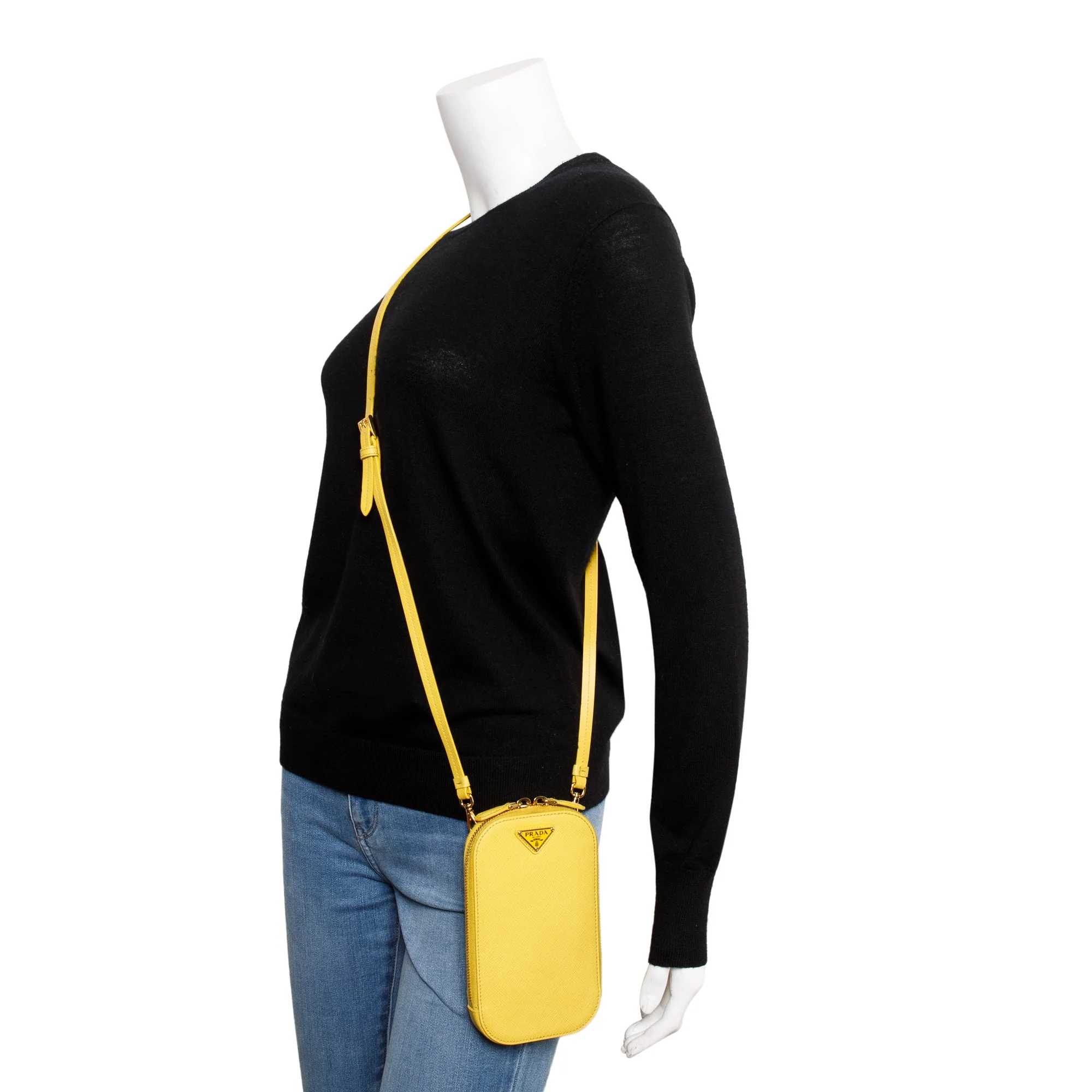 Prada Yellow Saffiano Triangle Phone Bag w/ Strap, Box & Authenticity Card - Image 2