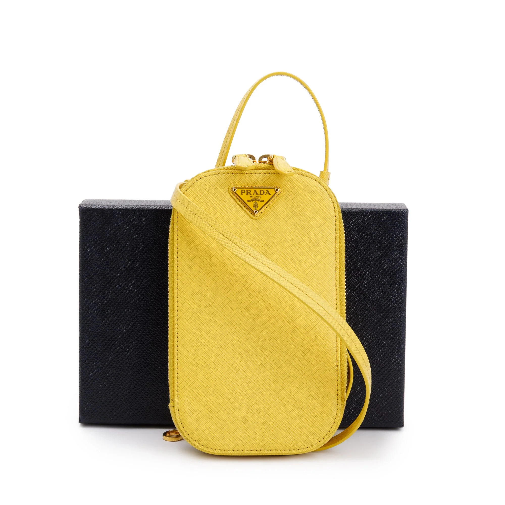 Prada Yellow Saffiano Triangle Phone Bag w/ Strap, Box & Authenticity Card - Image 3