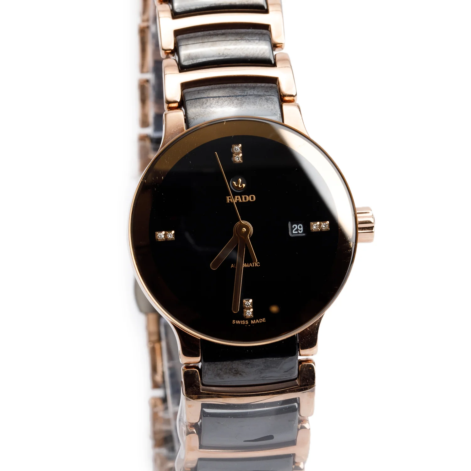 Rado Rose Gold Plated Stainless Steel & Black Ceramic Centrix S 28 MM Automatic Watch, Black Diamond Dial w/ Box & Papers - Image 3