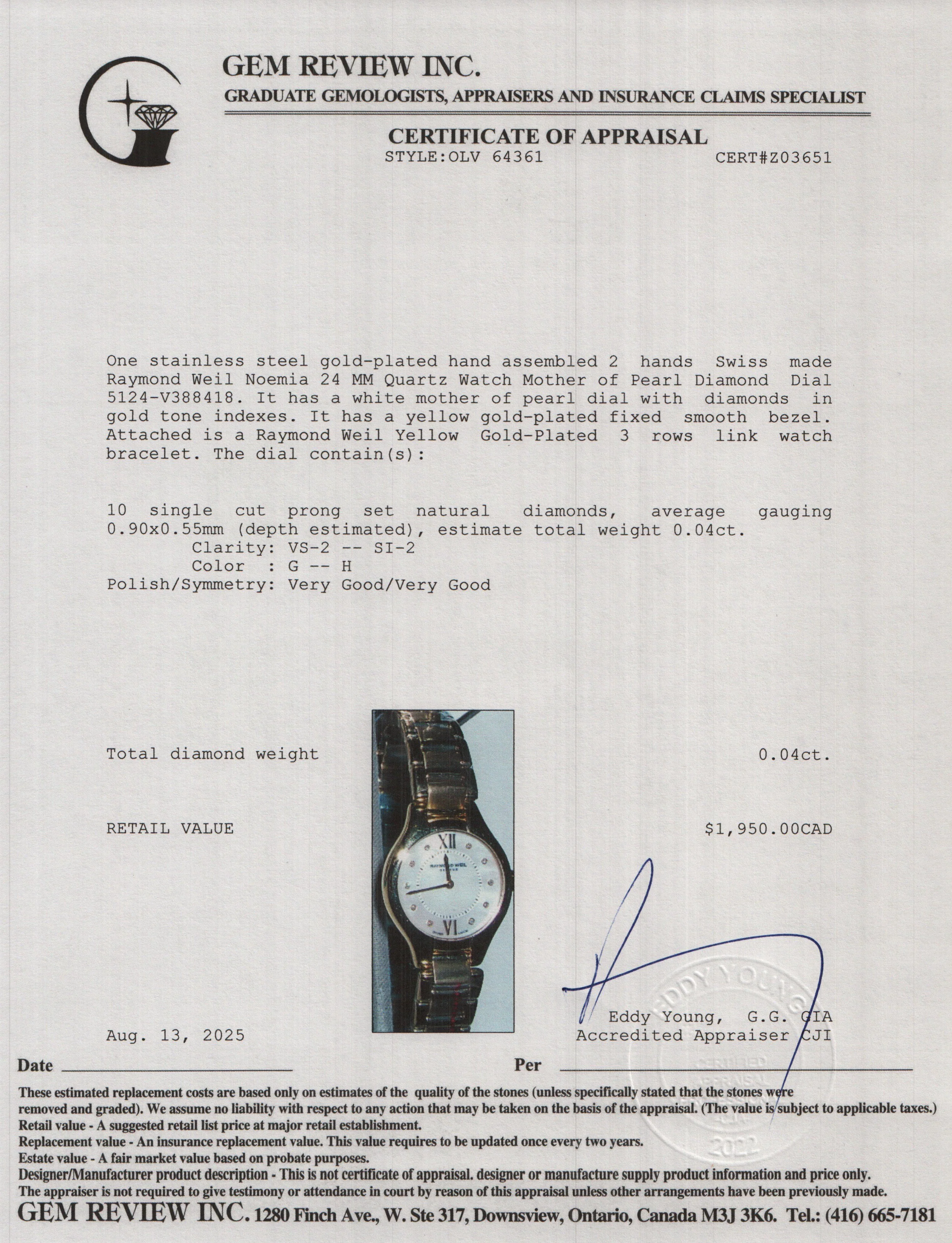 Raymond Weil Gold-Plated Stainless Steel Noemia 24 MM Quartz Watch Mother of Pearl Diamond Dial 5124 w/ Papers - Image 6